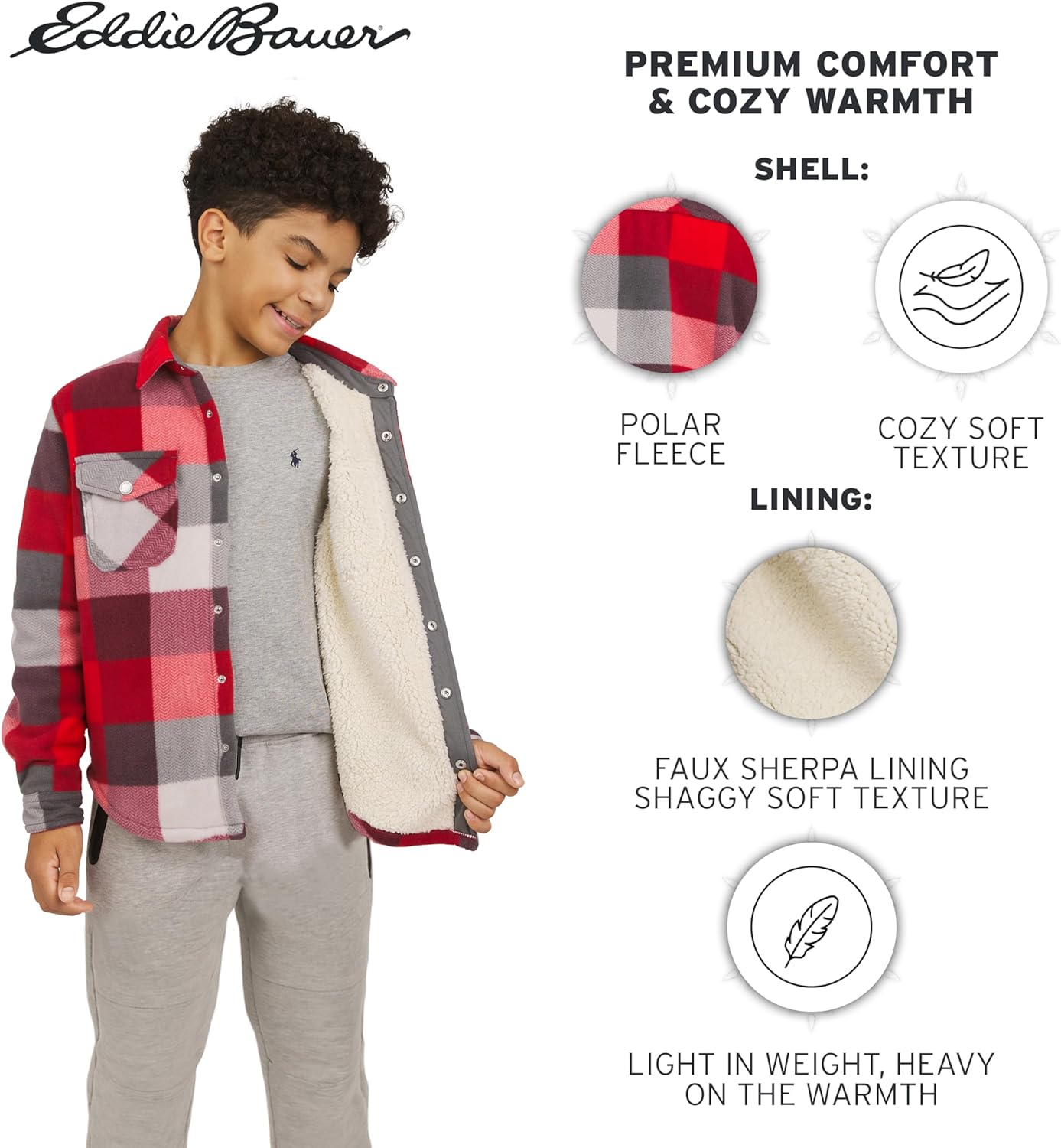 Eddie Bauer Boys' Plush Faux Sherpa Lined Fleece Button-Down Shirt Jacket (XS-XL) - Image 3