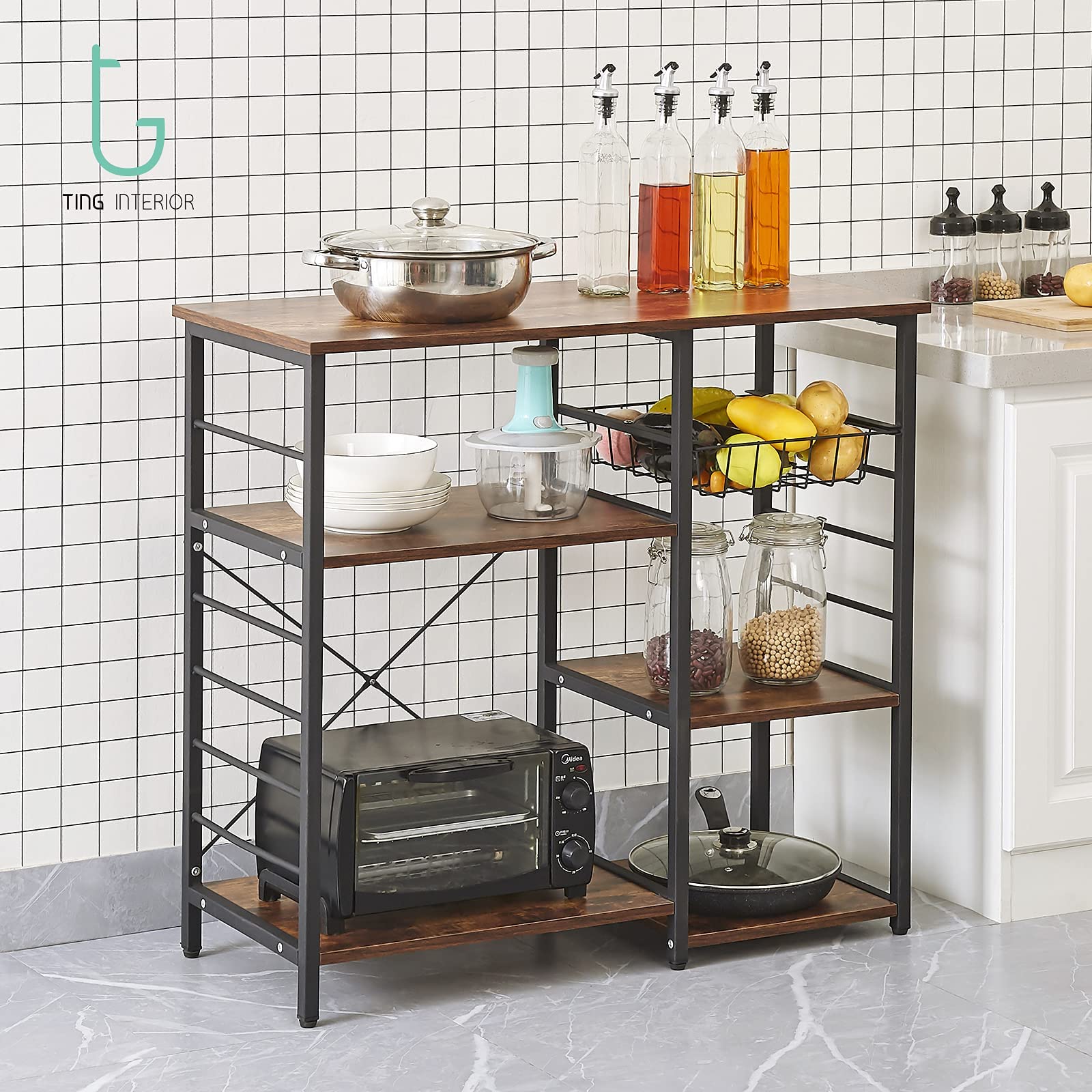 Buy Ting Interior Bakers Rack, Bar Cart with Wire Basket, 3Tier+4Tier