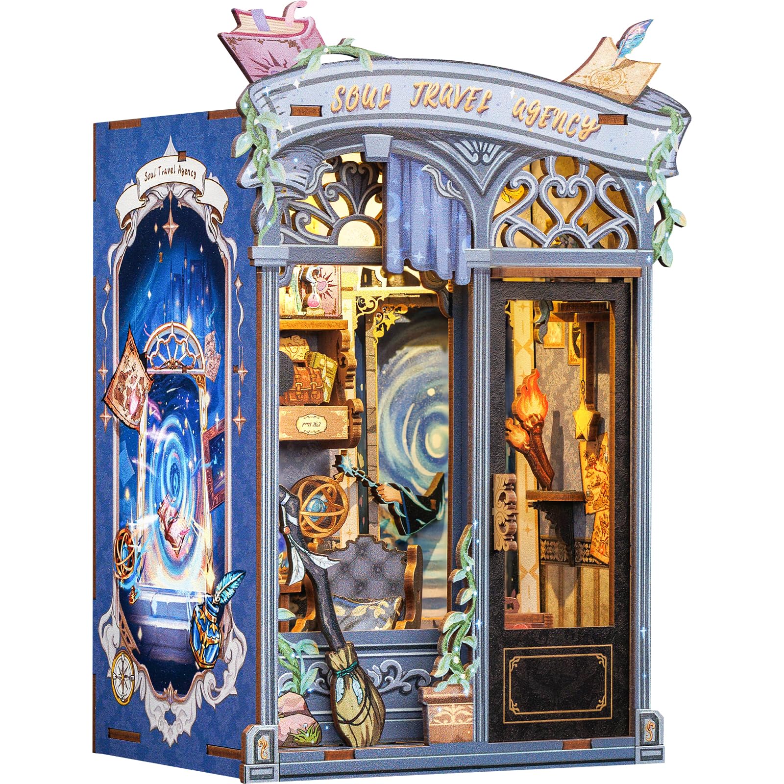 CUTEBEE Book Nook Kit – DIY Miniature House Holz Bücherregal Deko, 3D Miniatur Haus Bausatz Magic, Besondere Geschenke für Bücherliebhaber Familie und Freunde(Soul Travel Agency)
