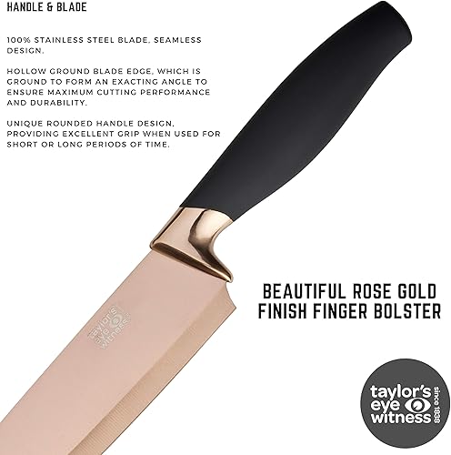 Miniatura 5 de Taylors Eye Witness Juego de 5 cuchillos de cocina de regalo  Brooklyn Rose Gold Color Bolsters, cuchillas afiladas recubiertas de titanio a juego.