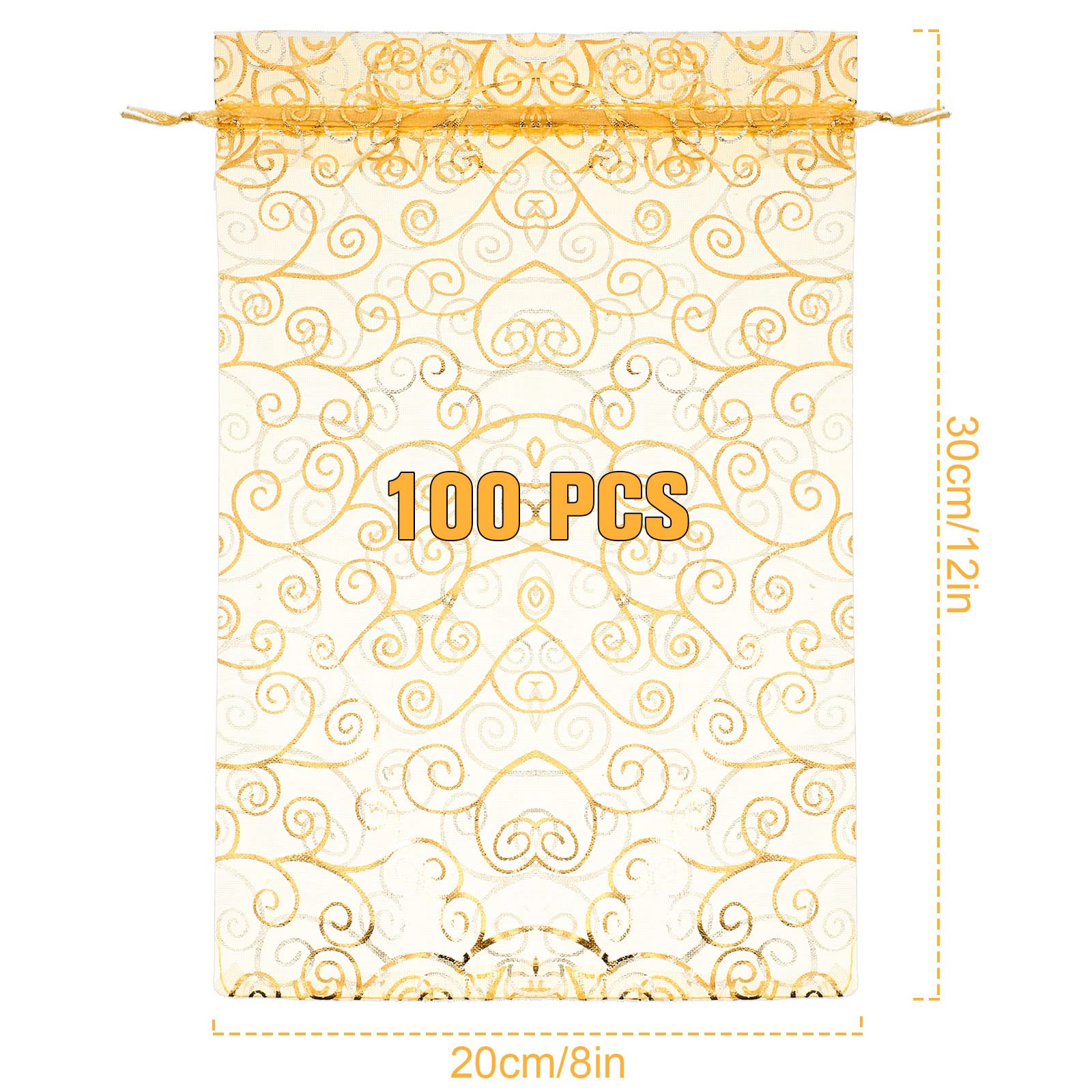 Kigeli 100 sacchetti grandi in organza con coulisse, 20,3 x 30,5 cm, sacchetti per bomboniere, sacchetti a rete velata con stampa in rattan, sacchetti regalo per compleanni, gioielli, matrimoni,