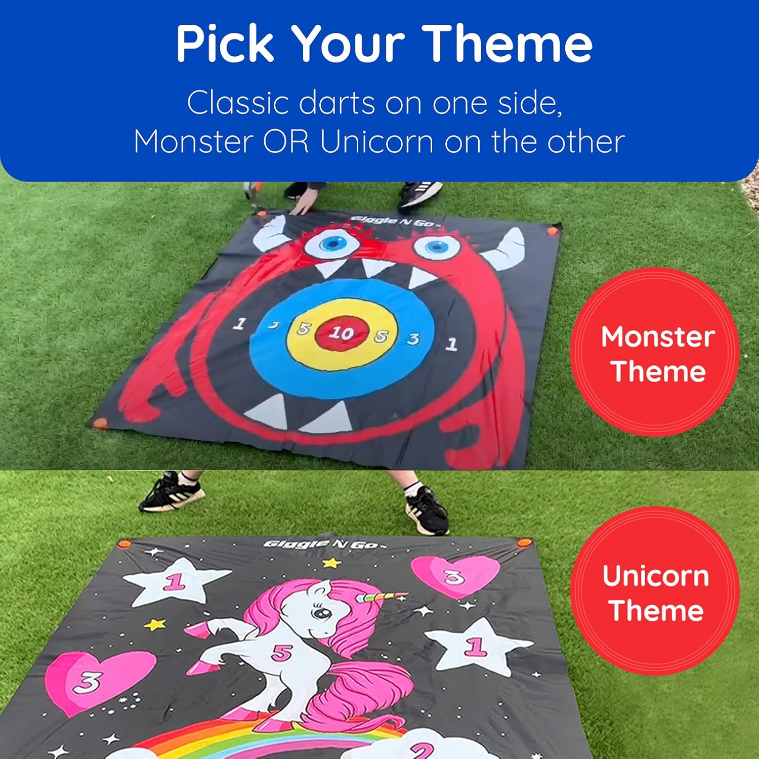 Giggle N Go Outdoor Games for Kids, Adults & Family - The Original Flarts Floor and Yard Darts Game with Inflatable Pins, Lawn Pegs and Mat - Monster Theme ﻿ : Toys & Games