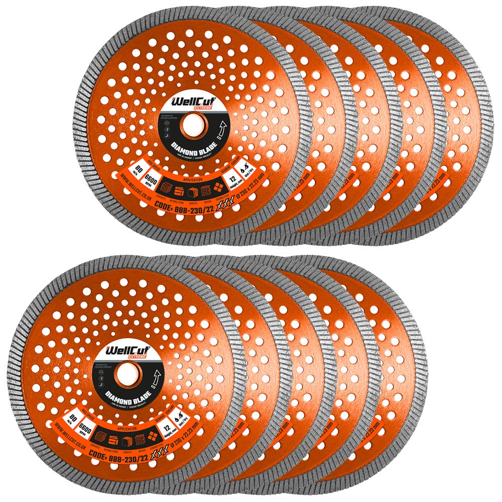 Diamond Cutting Discs For Angle Grinder 230mm 22.23mm Bore, Fast Clean Cut on Concrete Reinforced Concrete Marble And Granite Stone Sandstone Brick Tiles Or Ceramic Tiles WellCut (Pack of 10)
