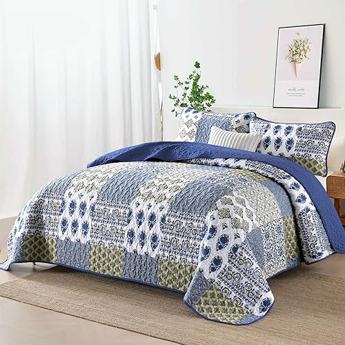 Vista 2 de Mybedsoul - Juego de edredón floral a cuadros color azul aguamarina de 3 piezas tamaño King, bohemio, de microfibra ligera, para todas