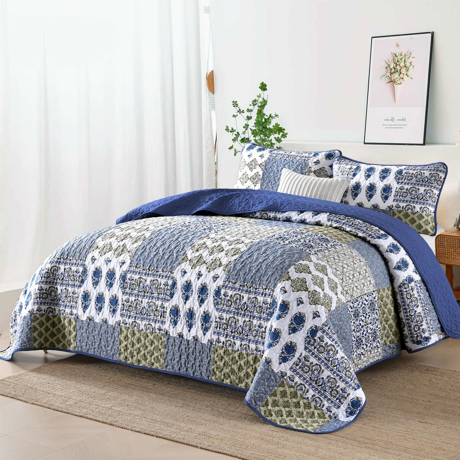 Mybedsoul Niebieska kołdra, rozmiar queen-size, 3-częściowy zestaw pościeli w stylu boho, w kratę, kolor Aqua Blue kwiatowy, mikrofibra, lekki zestaw pościeli bohema, na cały sezon (1 kołdra + 2
