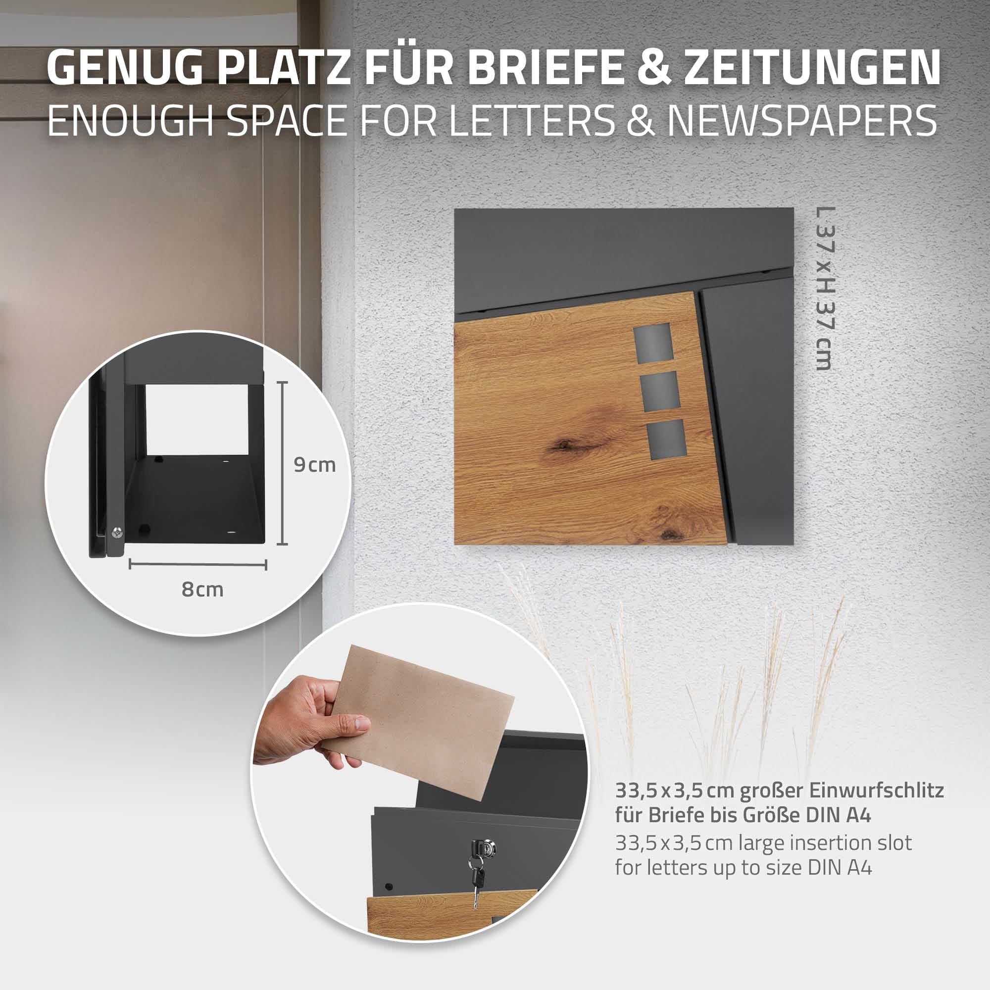 ML-Design Buzón De Correo con Compartimento para El Periódico 37x36,5x11 cm Acero Antracita Aspecto De Madera con 3 Ventanillas 2 Llaves Solapa De Cierre Total Diseño Moderno Montado En La Pared