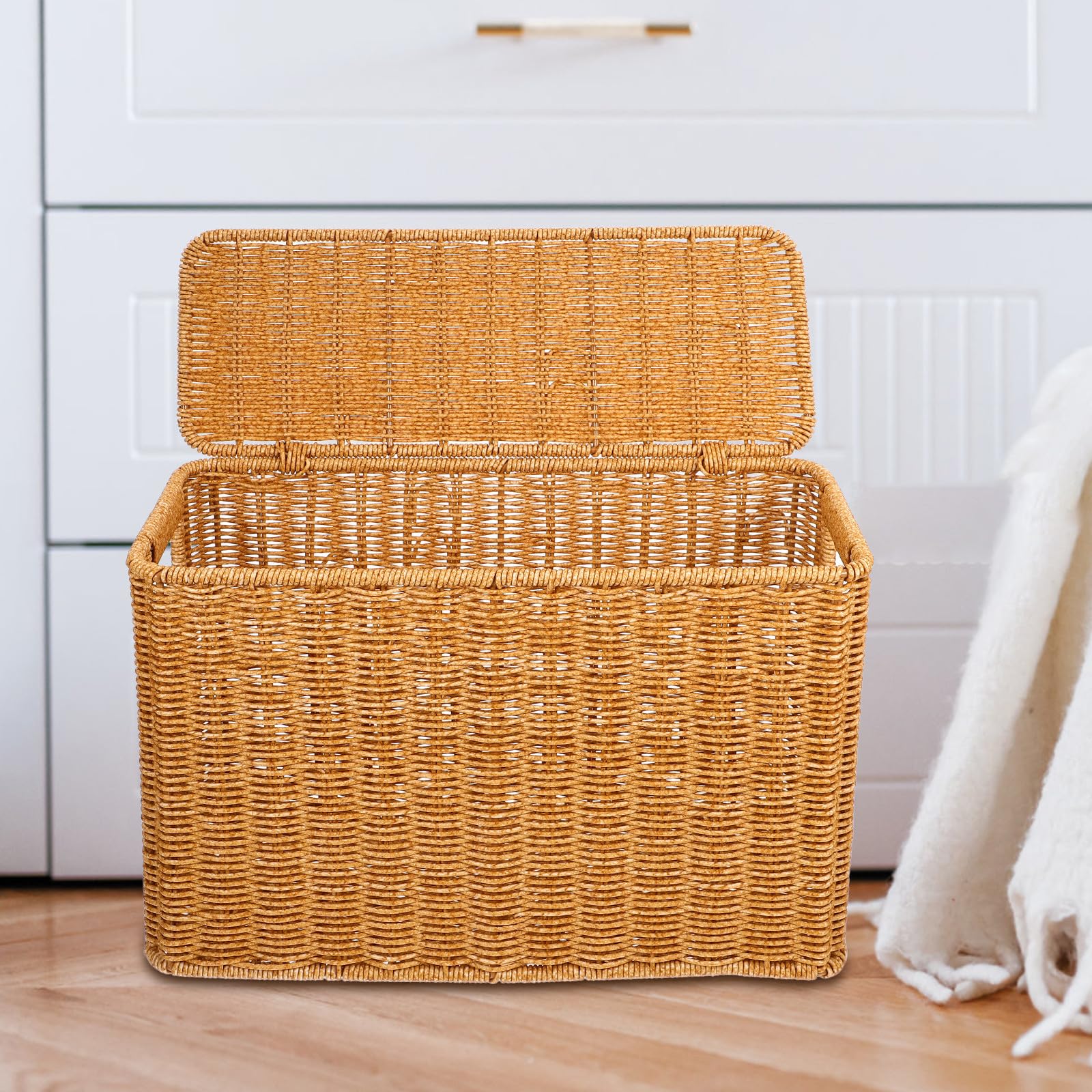 Cesta Tejida Rectangular con Tapa para Almacenamiento de Libros y Revistas, Plástico Resistente, Capacidad Amplia Adecuado para Organización en Escritorio o Habitación