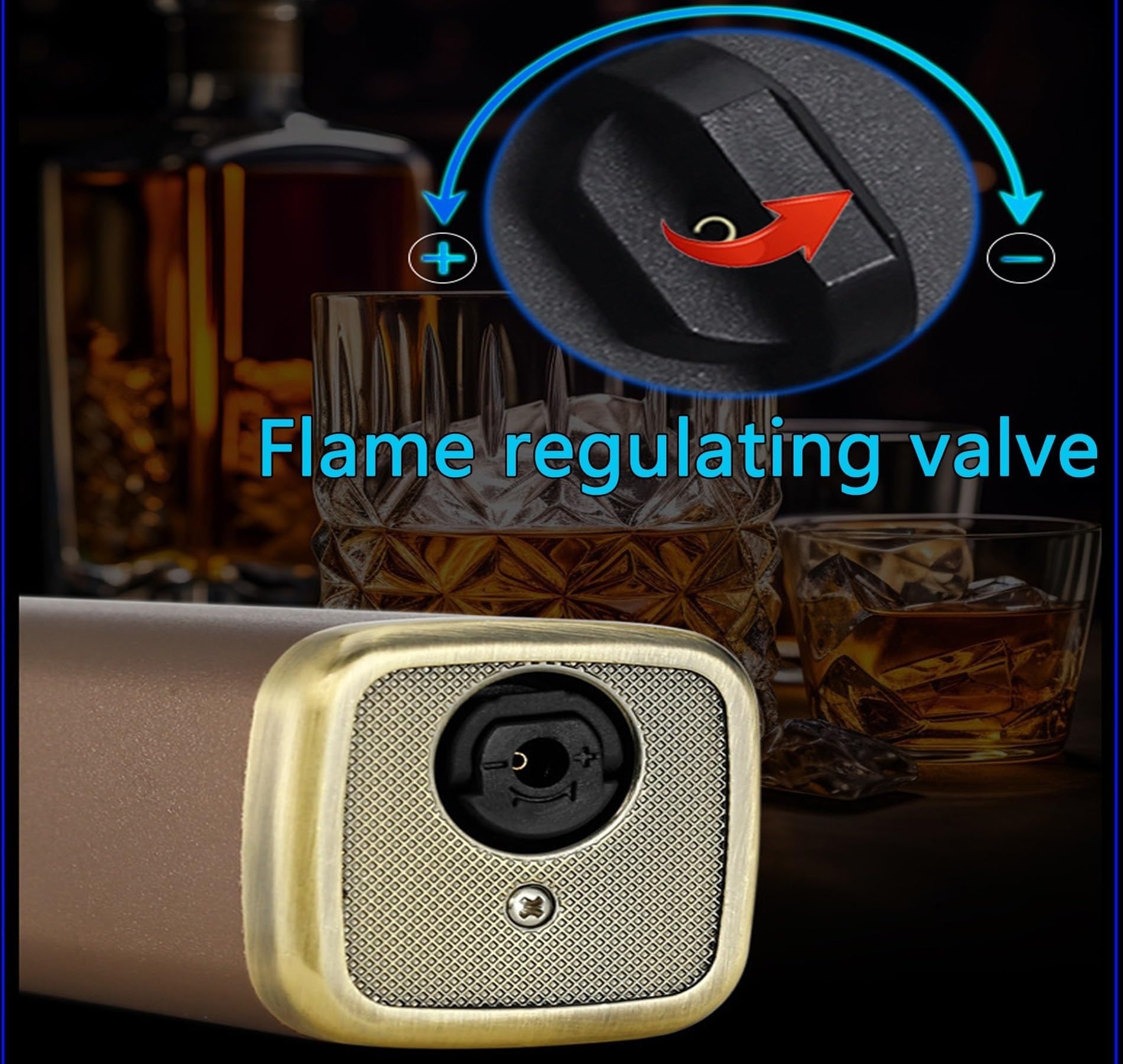 Encendedor de butano resistente al viento, 360 grados utilizable, recargable con bloqueo de fuego, ideal para aventuras de camping