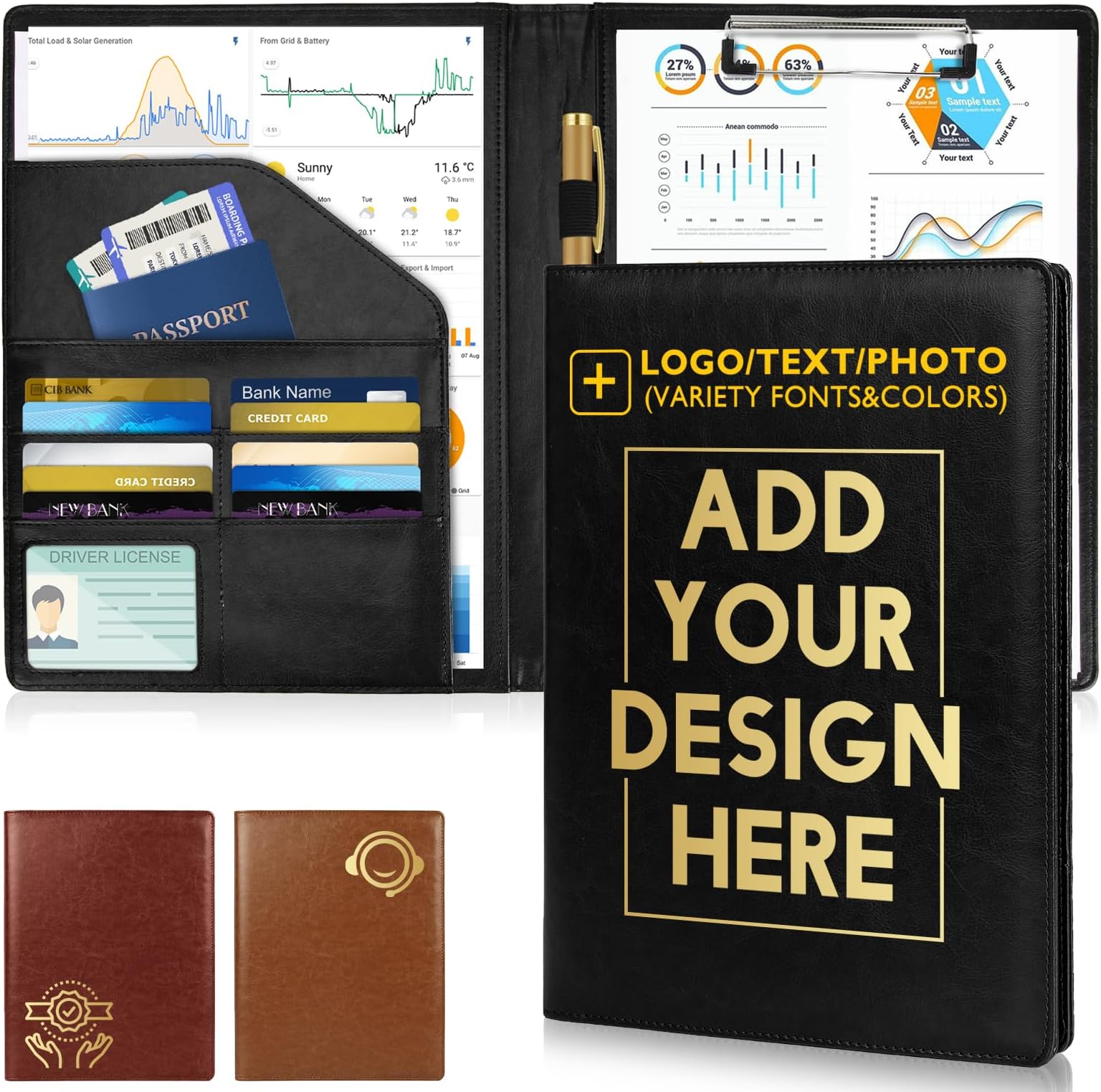 Personalized PU Leather Padfolio with Logo/Text/Photo Customized Portfolio Professional Padfolio for Men Women Business Office College (Black)