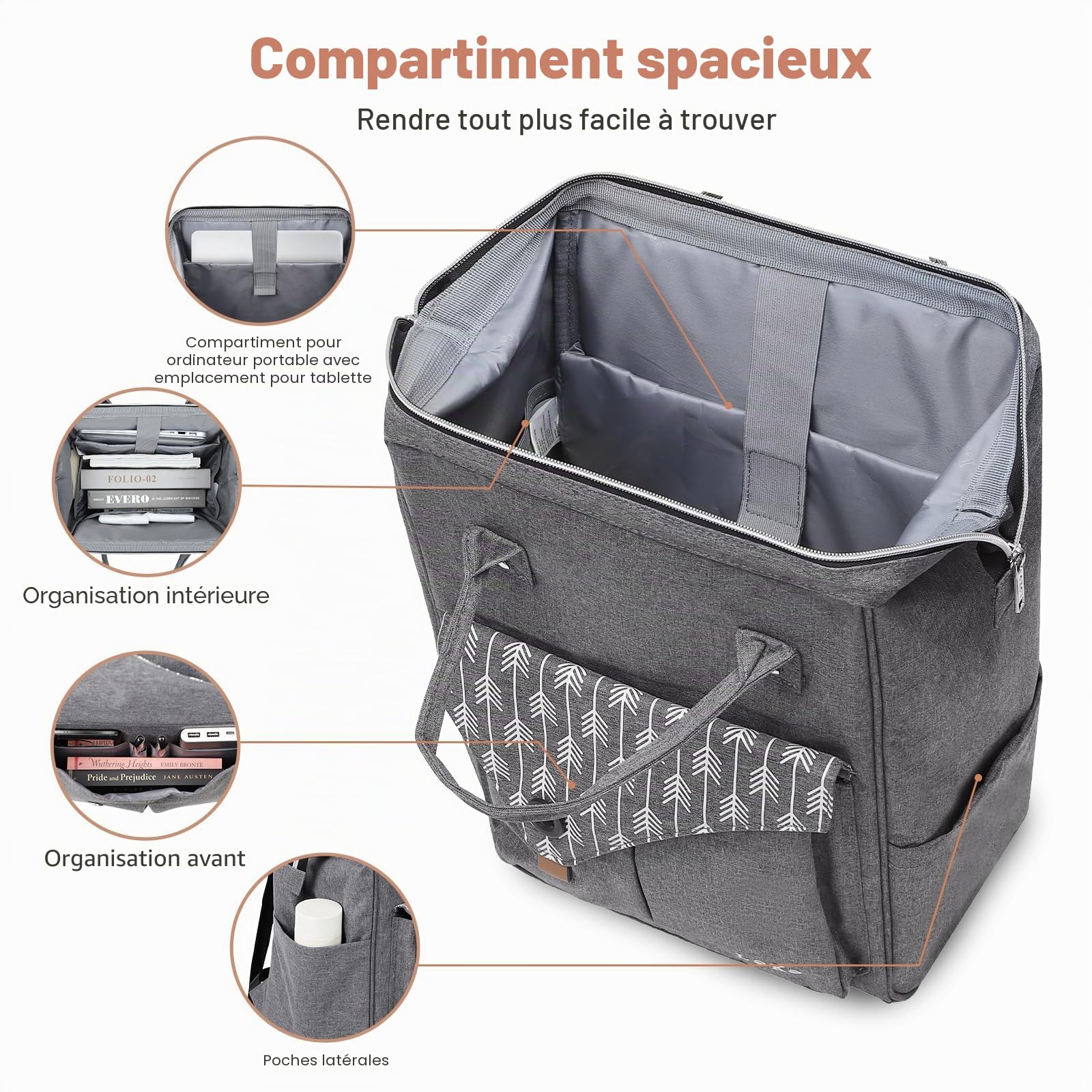 Lekesky Sac à Dos Ordinateur Portable Femme 15.6 Pouces Antivol Imperméable Gris/Noir