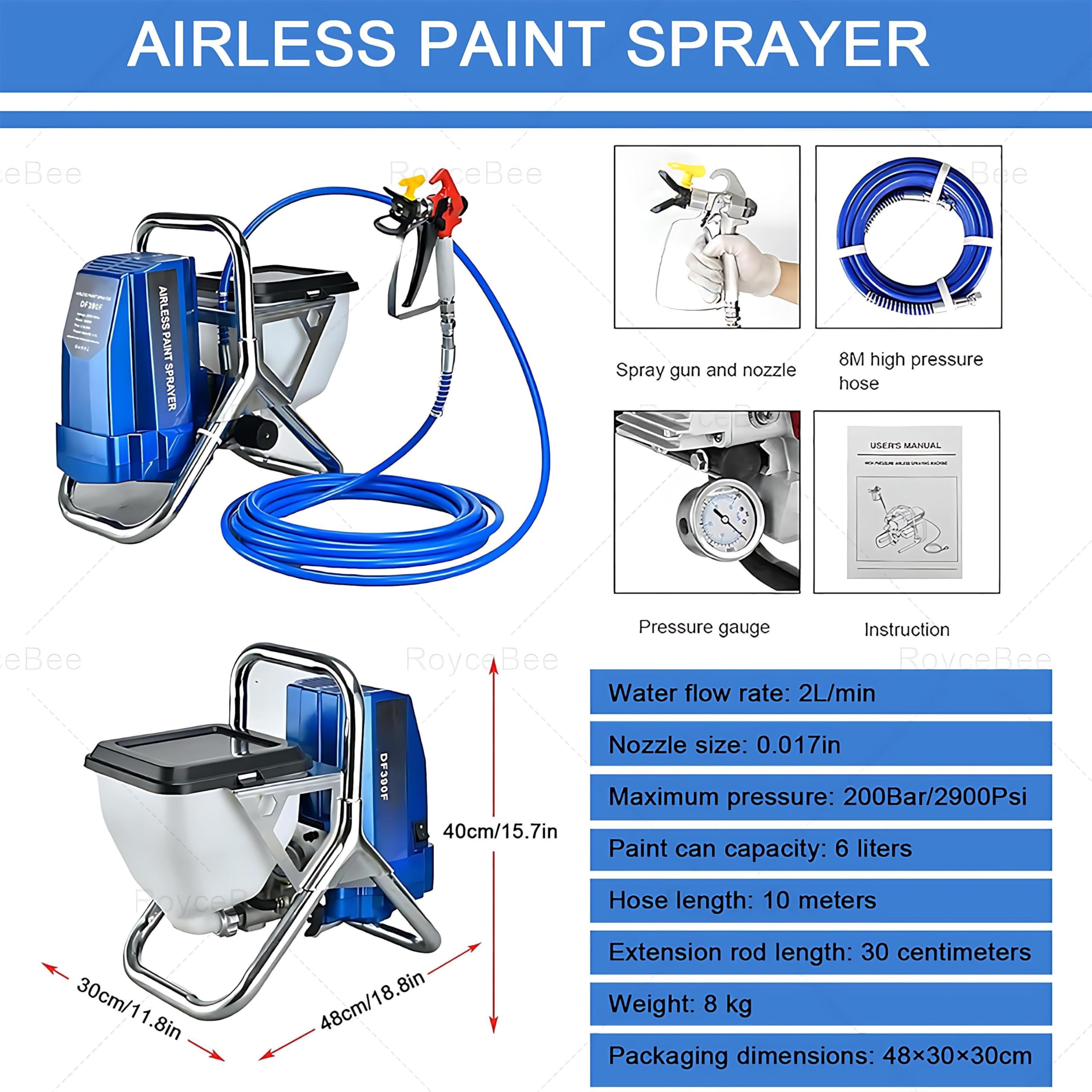Pulverizador Airless para Pintura 1800W 2900 PSI，Pistola Eléctrica con Depósito 6L, Manguera 10m, Caudal 2L/min，para Paredes, Techos, Madera, Metal，Presión Regulable