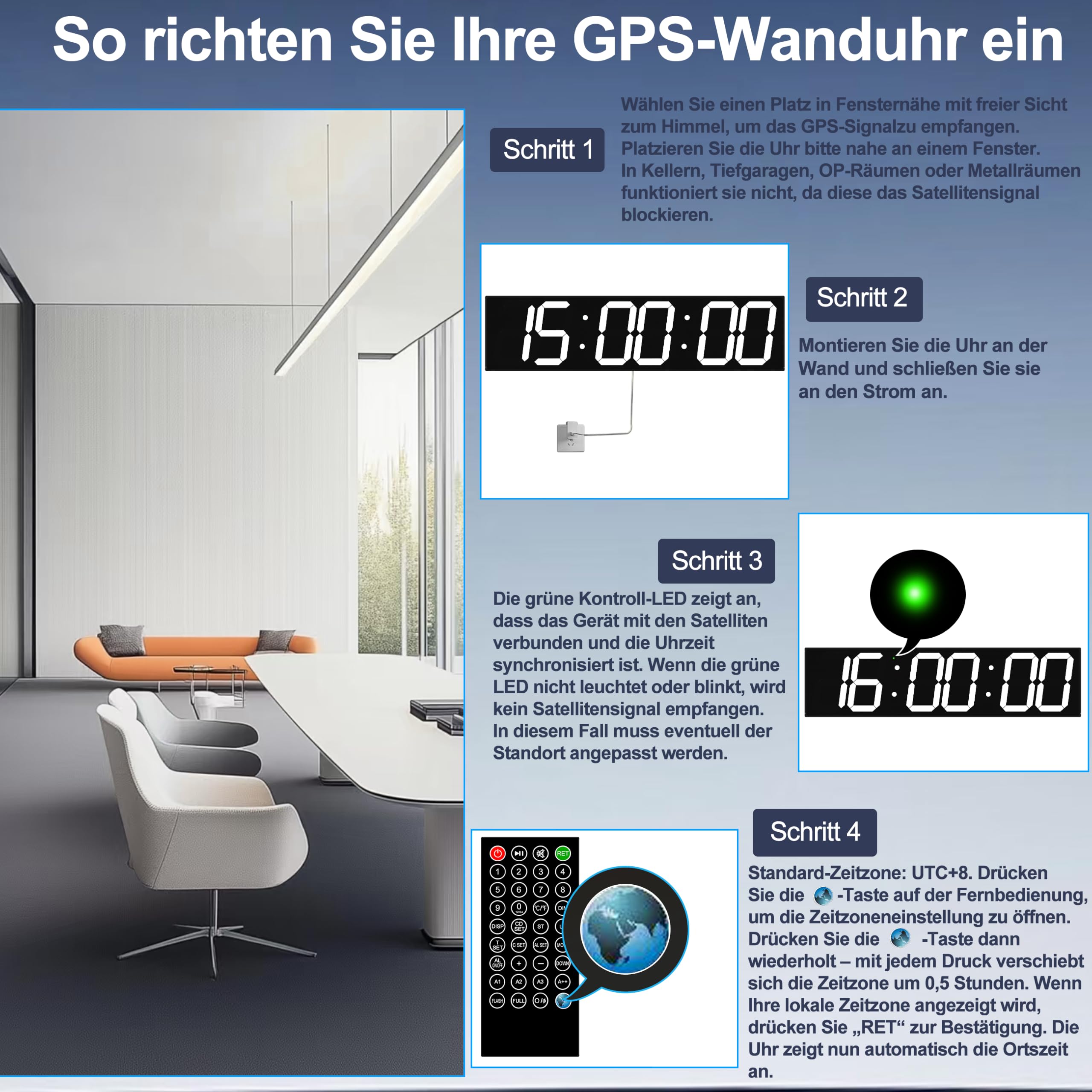 CHKOSDA Orologio da parete digitale da 28 pollici con sincronizzazione automatica GPS, numeri LED massicci da 15 cm, misurazione precisa del tempo, telecomando, timer, data e temperatura, per palestra