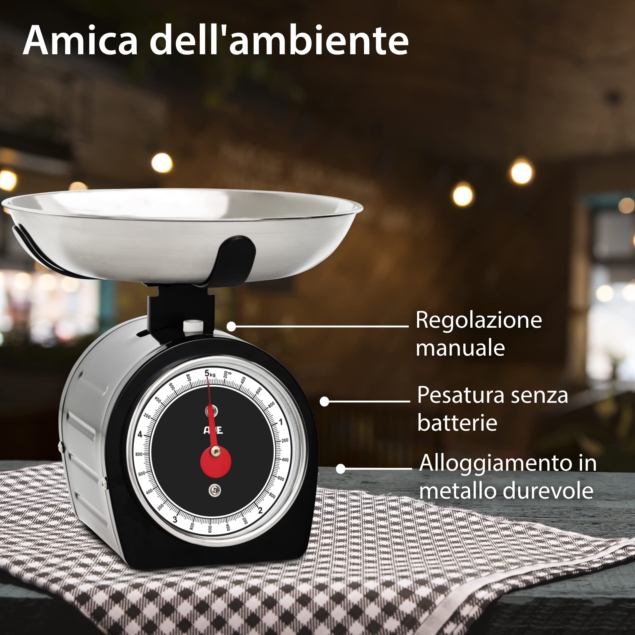 ADE Bilancia da cucina meccanica, bilancia classica per la cucina e la casa, bilancia tradizionale senza batterie in look vintage/retrò, alloggiamento in metallo, 5 kg, nero | KM1900-1 Shirley
