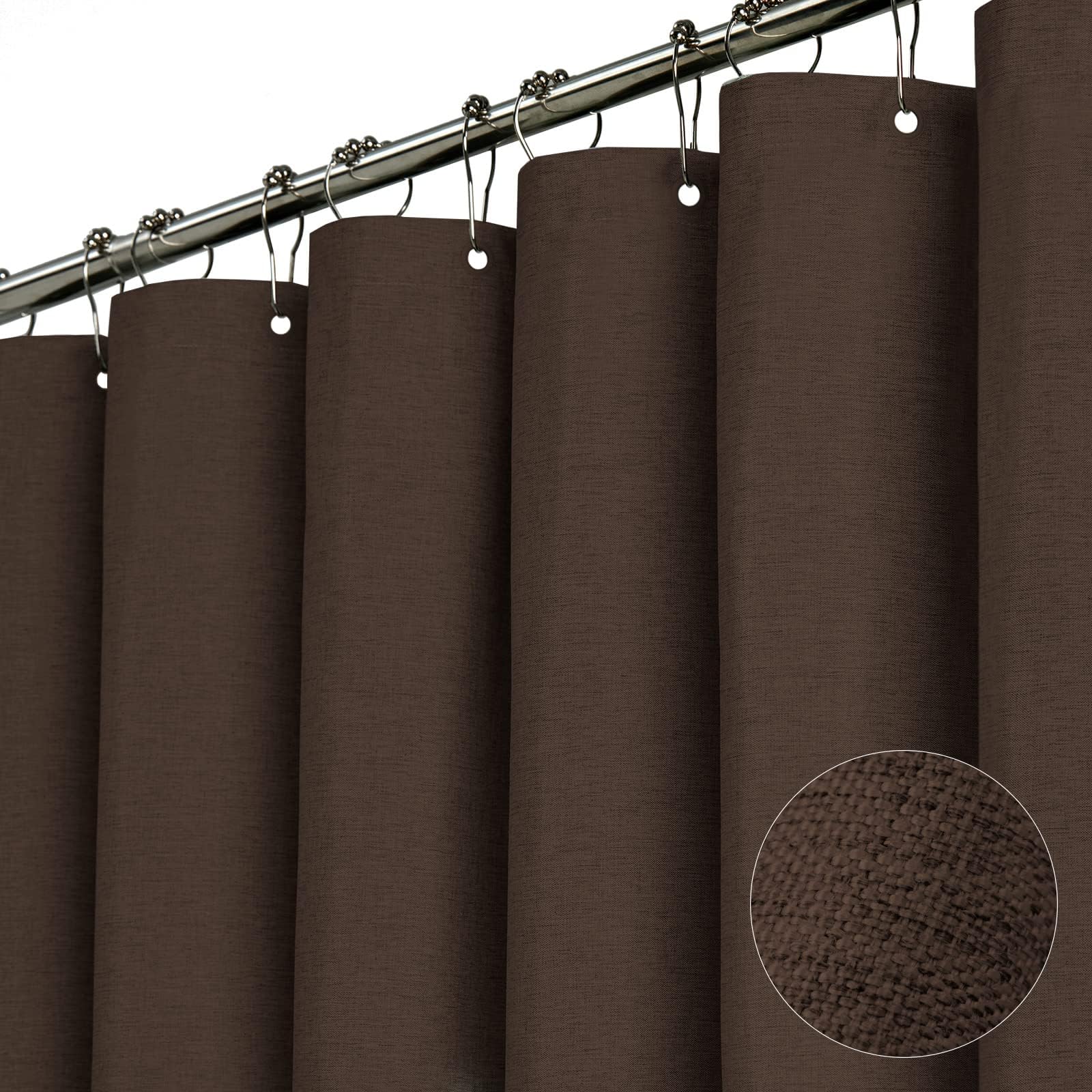 BTTN Fabric Shower Curtain, Linen Textured Heavy Duty Polyester Cloth Shower Curtain Set with Plastic Hooks, Brown, 72x78