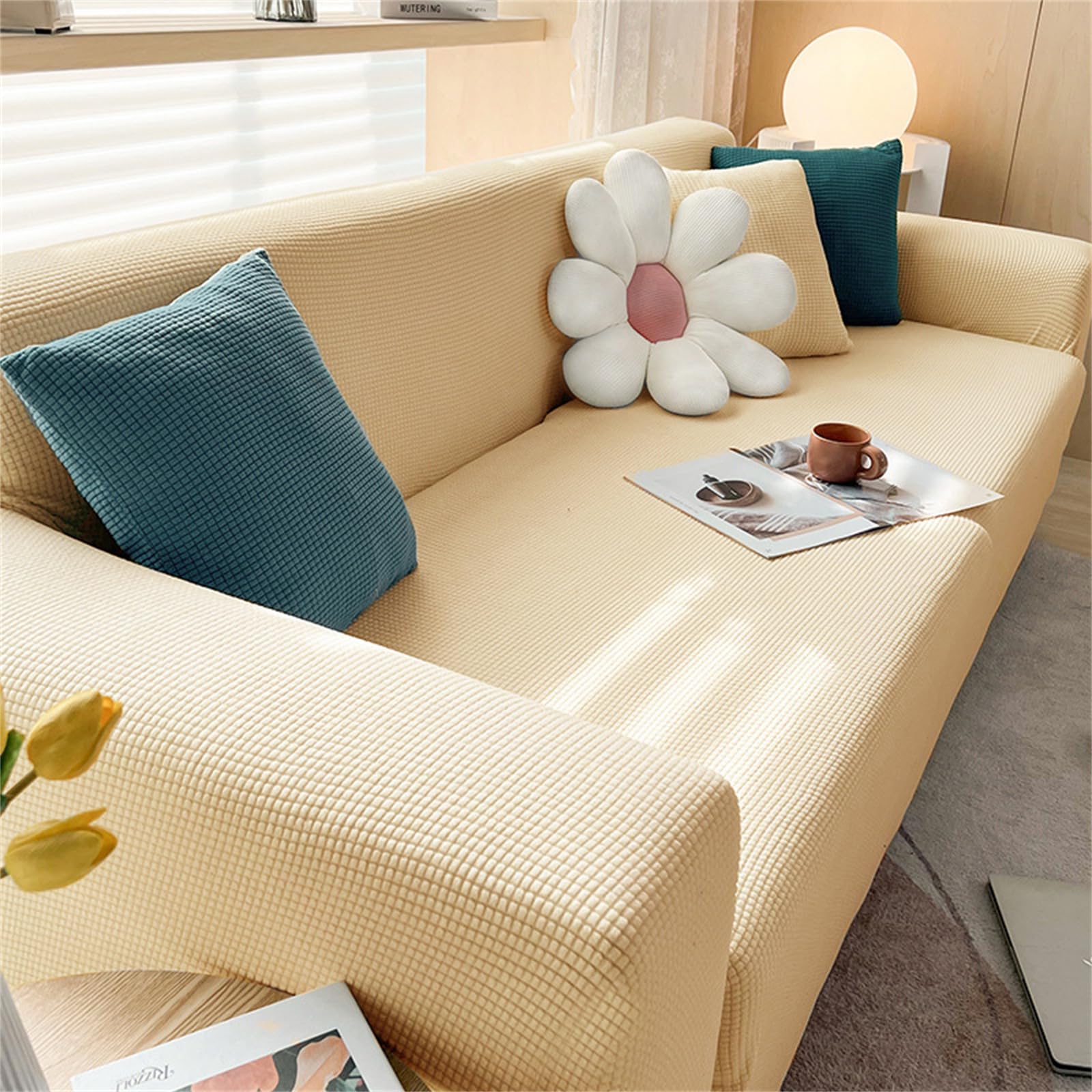 Hixingo Jacquard Anti-Slip Anti-Scratch Sofa Cover,1 2 3 4 Seater Couchcover Stretch Sofa Covers, Full Coverage Settee Protector Soft Protector for Living Room Home Decor (Yellow,2 Seater)