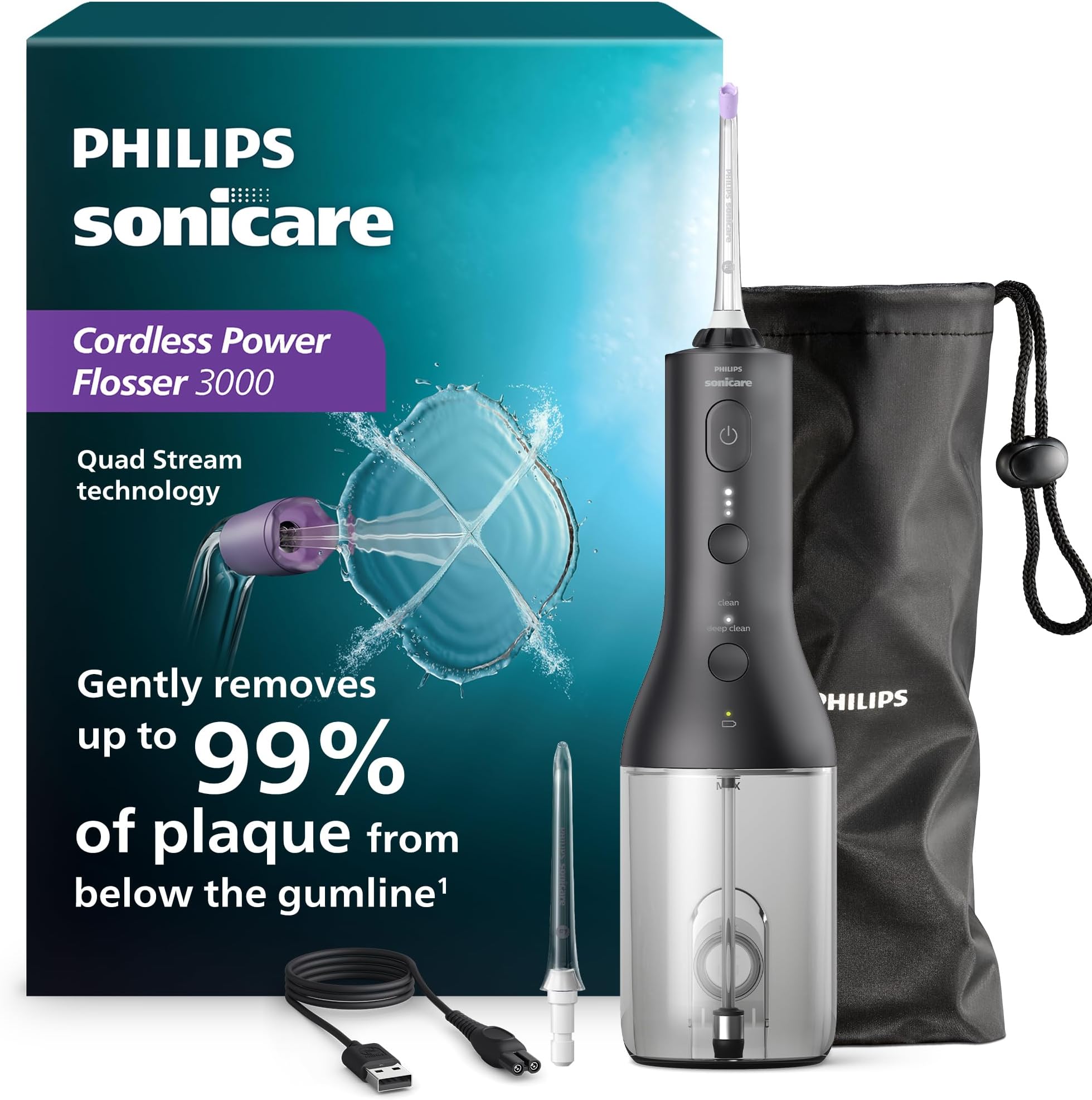 Sonicare Cordless Power Flosser 3000 Oral Irrigator - Water Flosser for Teeth, Gums and Dental Care, Black (Model HX3826/33)