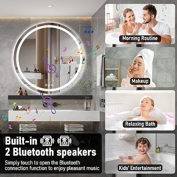 Ratsamee Bluetooth Badezimmerspiegel mit Beleuchtung 80cm Runder Spiegel mit Beleuchtung Wandspiegel mit Frontbeleuchtung Antibeschlagfunktion Dimmbar mit 3 Einstellbaren Lichtfarben