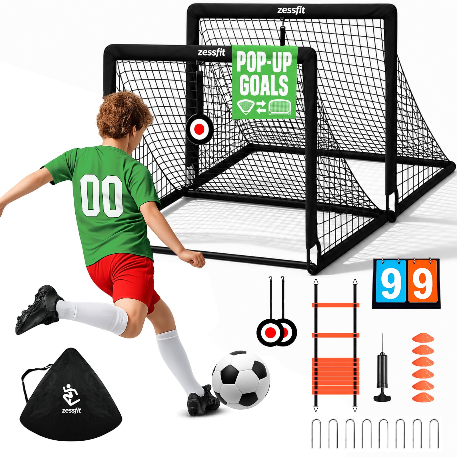 View 1 of **not complete set missing items**Zessfit Kids Soccer Goal Set - 4x3FT Portable Nets (2-Pack) with Ball & Training