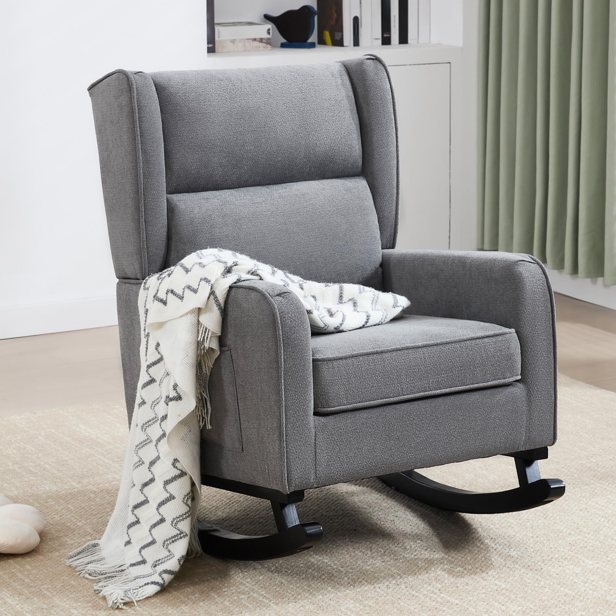 HCHAIRH Nursery Rocking Chairs, Modern Wingback Accent Chairs for Mom Nursery Rocker with High Backrest and Solid Wood Legs, Sherpa Rocking Chair Nursery for Reading Living Room Bedroom, Dark Grey