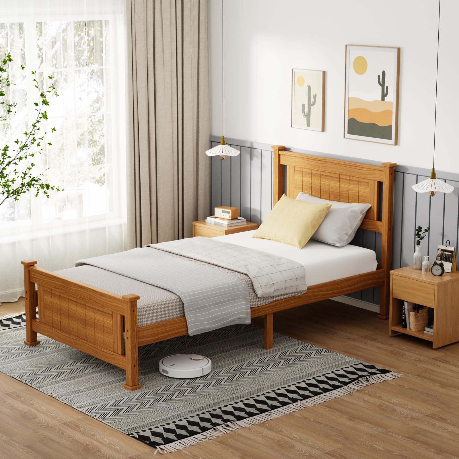 Bonnlo Solid Pine Wooden Single Bed Frame with Modern Headboard