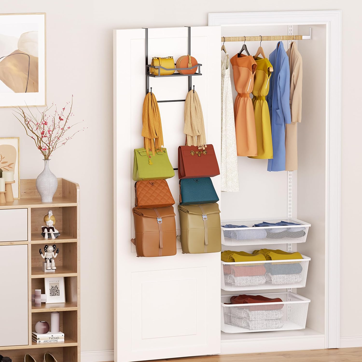 SWTYMIKI Over The Door Purse Organizer - Wall Mounted Purse Rack with 10 Hooks and Metal Basket, Handbag Hanger Organizer Holds up to 10 Bags, Bag Rack Can Use As 1/2 Part, for Door, Closet