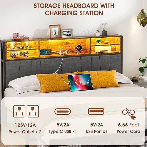 Miniatura 4 de Alohappy Base de cama tamaño Queen con cabecera de almacenamiento, 2 cajones, marco de cama tapizado tamaño Queen con estación de carga de luz LED,