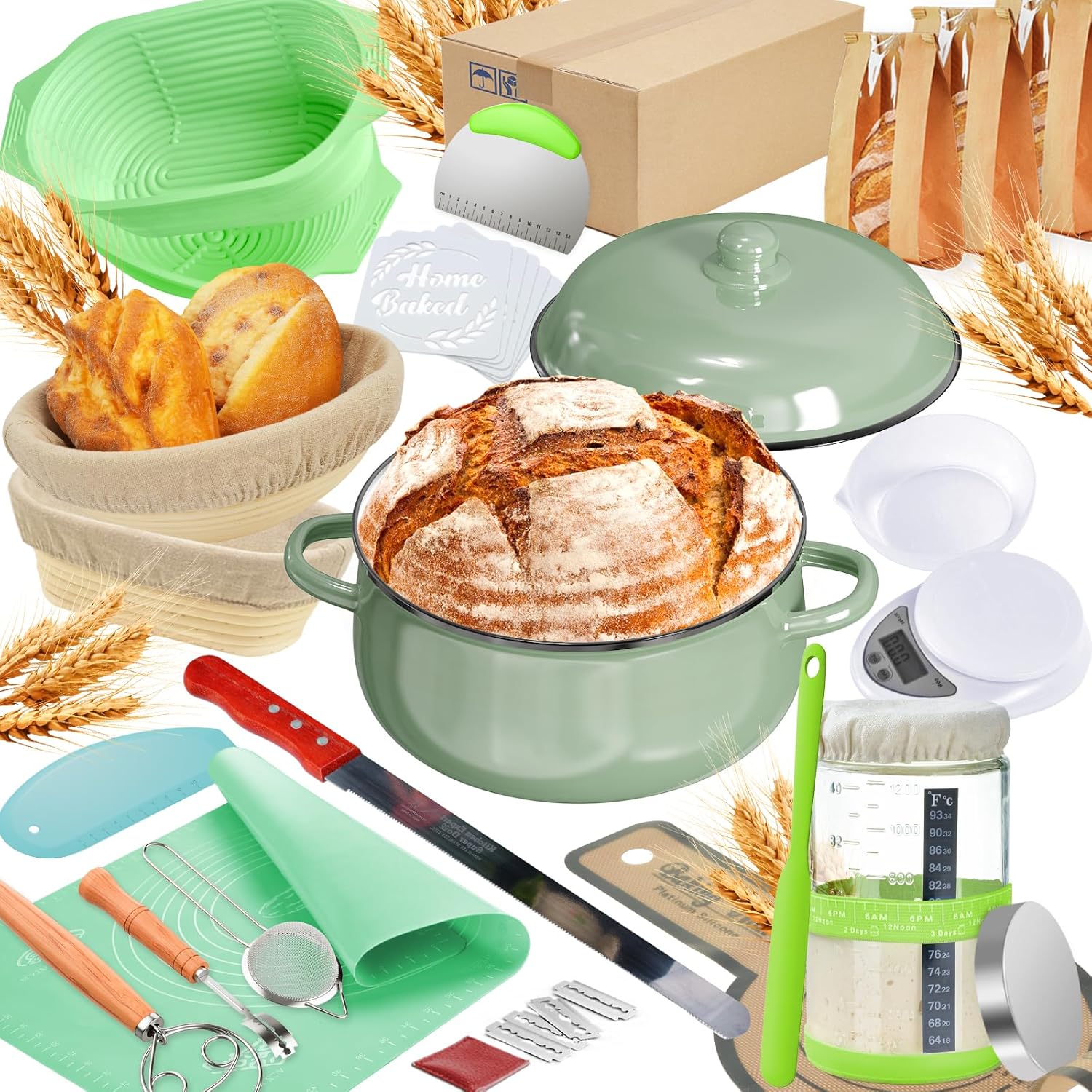 Sourdough Bread Baking Supplies with Pot, Complete Sourdough Starter Kit with Scale, 4 Bread Proofing Basket, 1200ml Starter Jar, Scraper, Bread Making Tools & More (Green)