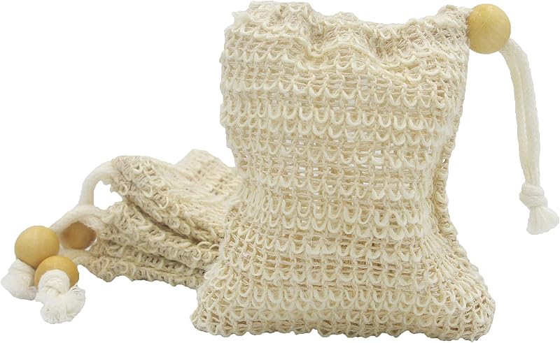 Bleu Bath Bucha para Sabonete em Sisal e Rami com Cordão e Conta de Madeira, Pacote com 4