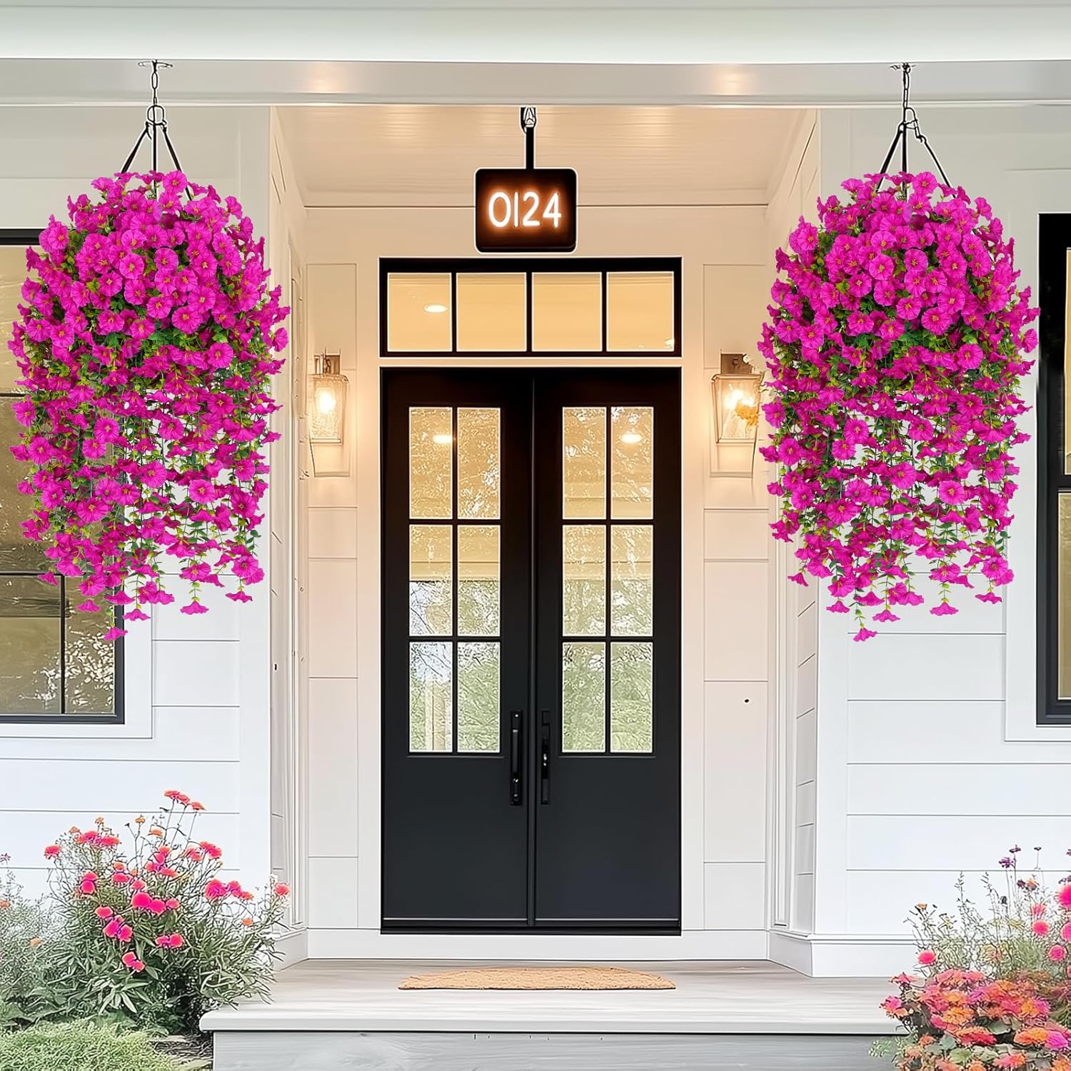 MARTINE MALL 4 Pcs Look Real Artificial Flowers for Outdoors, Realistic Artificial Hanging Flowers for Outdoors, UV Resistant Fake Hanging Plants Silk Petunia Faux Flowers for Porch Patio, Fuchsia - Image 6
