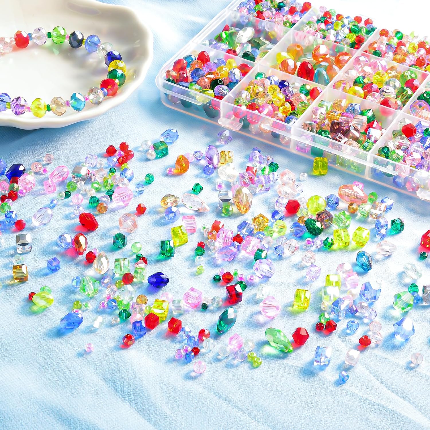 1500 Pcs Crystal Glass Beads for Jewelry Making – 12 Styles Bicone, Rondelle, Cube, Teardrop & 3mm Spacer Beads, DIY Bracelet Necklace Earring Craft Kit Random Colors(Multicolored) - Image 3