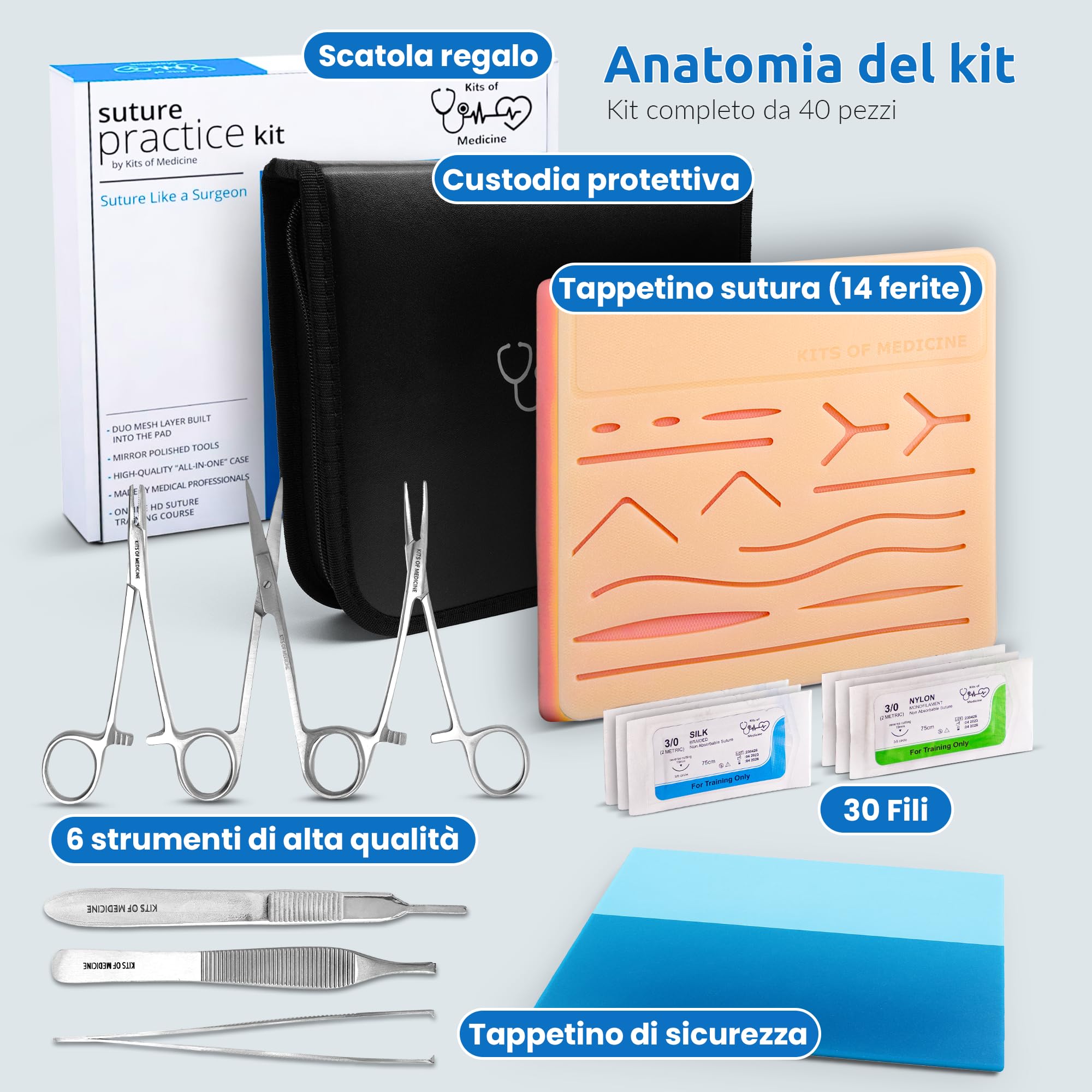 Kit di Sutura | Corso Video Di Suture 9 Video In Italiano | Kit Pratica Di Sutura Completo Per Studenti Di Medicina, Veterinari | Cuscinetto Per Sutura Di Silicone Resistente | Ottimo Regalo
