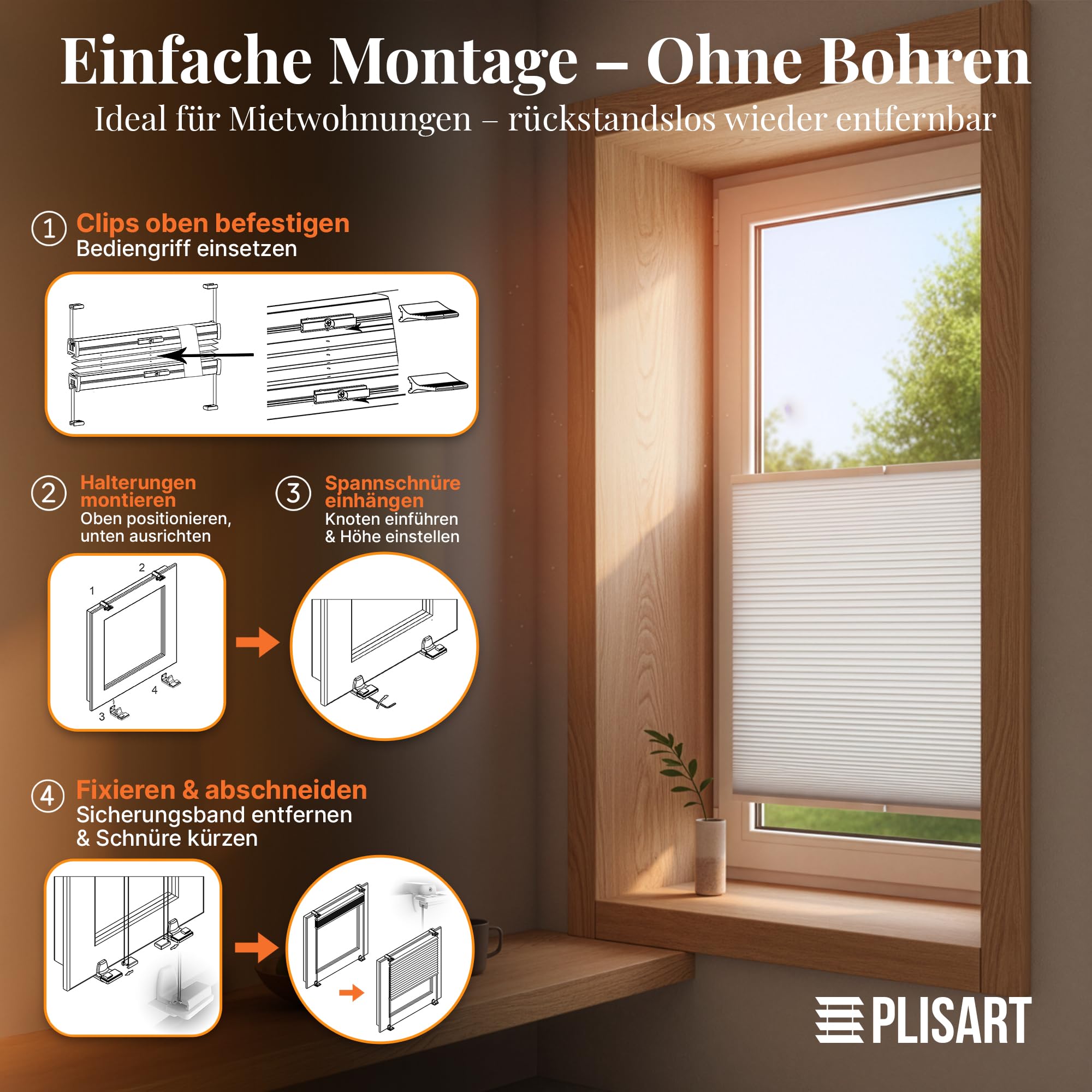 Plisart Wabenplissee Klemmfix ohne Bohren, 100% Verdunkelung Honeycomb Rollo zweifarbig, Weiß-Weiß 120x120cm - Thermo Faltrollo mit Metallklemmen für Fenster & Tür, Jalousie, Plisseerollo