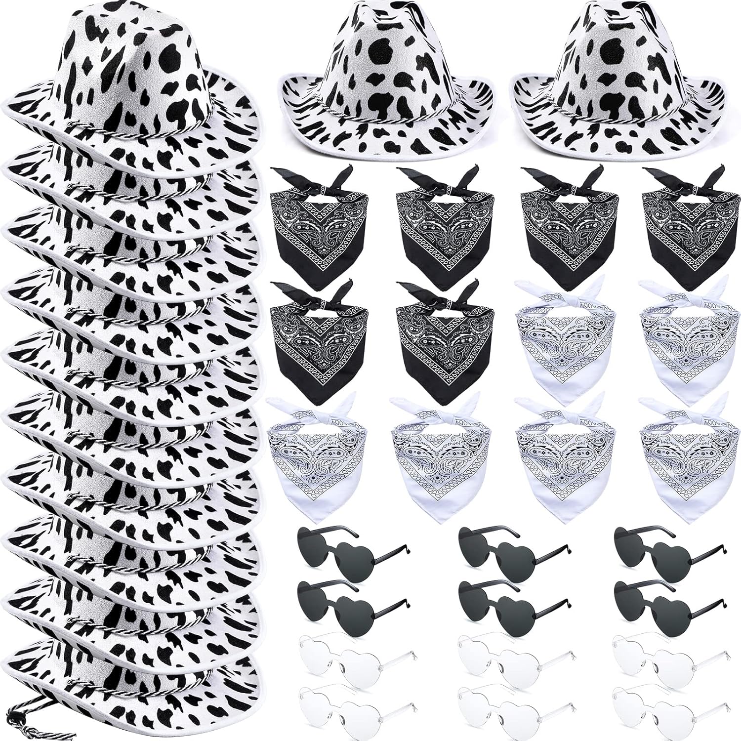 36 Pcs Adult Cowboy Hat with Bandanna Heart Sunglasses Unisex Felt Cowboy Hat Western Party Hat Cowboy Costume (Black White)