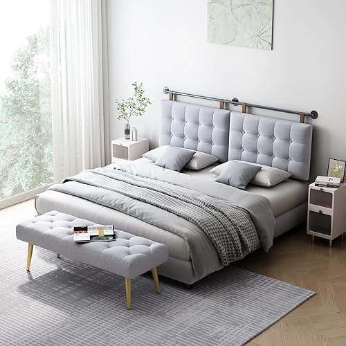Miniatura 2 de Cabecera King Cabeceras para Camas Ajustables Respaldo Cabecera Montada en Pared con Acolchado de Botones Grises Cabecera Colgante para Dormitorio