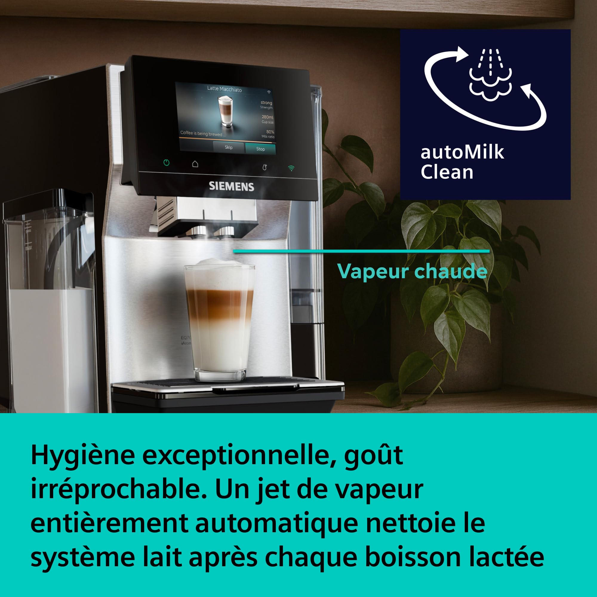 SIEMENS Machine à café entièrement automatique, EQ700 iAroma, écran tactile, récipient à lait intégré, chauffe-tasses, Cold Brew et Slow Brew, application Home Appliances, inox/noir, TQ727E03