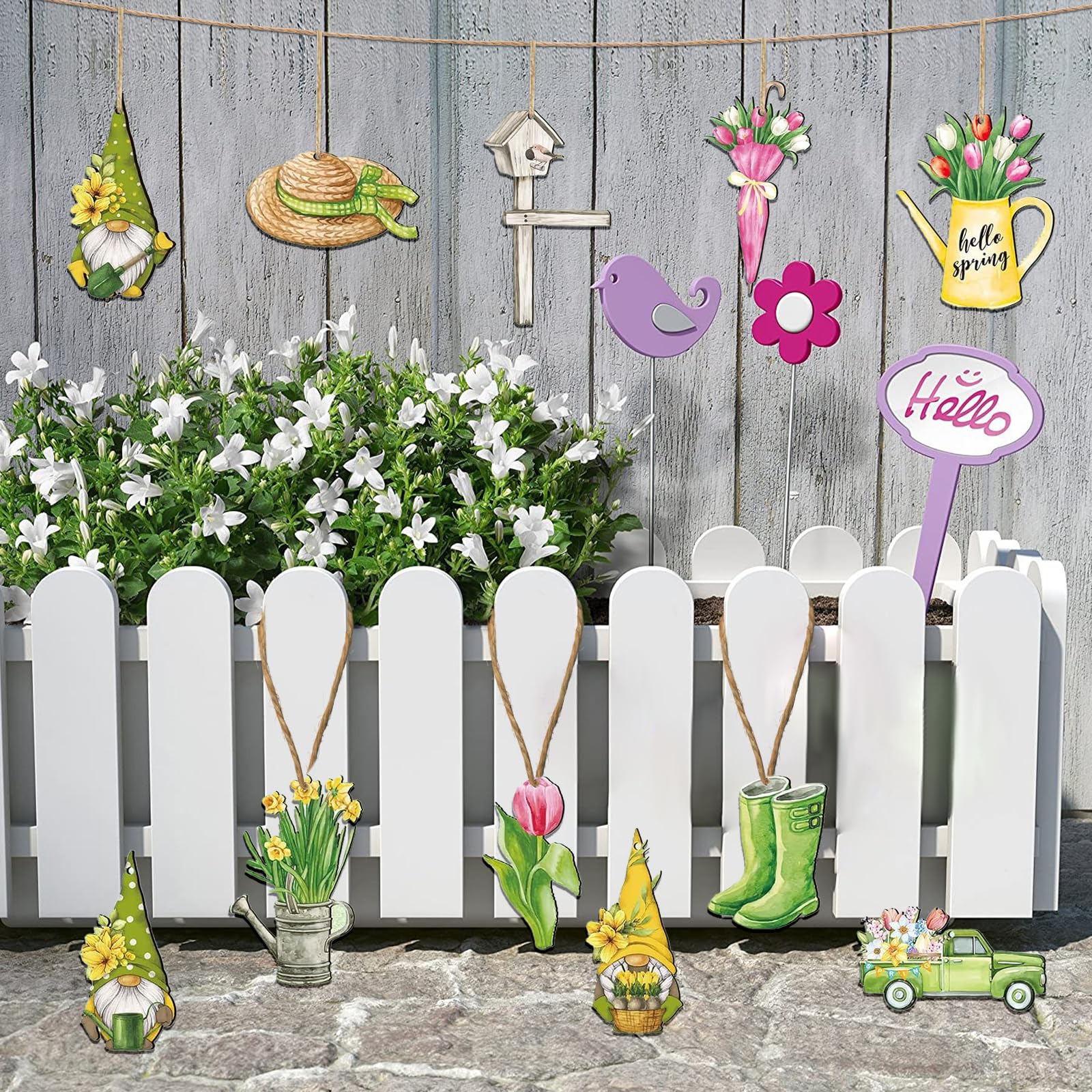 QINQINZIJIN 24 Pezzi Decorazioni Primavera Legno da Appendere con Corda, Tema Giardino Primaverile Includere Tulipano Camion Gnomi Ombrello per Ramo, Soffitto, Porta, Finestra, Giardino, Cortile (B
