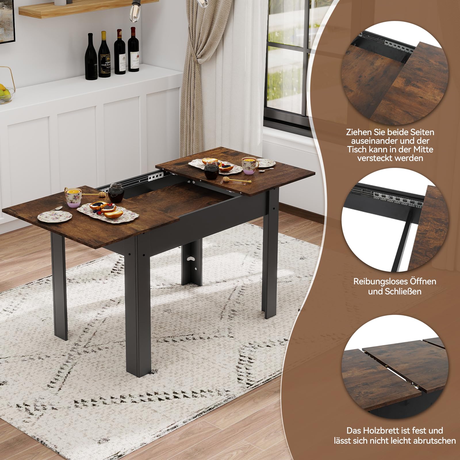 ARTETHYS Esstisch Ausziehbar 105/150x70 cm, Industrieller Küchentische Esszimmertisch, Rechteckiger Tischplatte für 4-6 Personen, Holztisch mit Metallbeinen, Tisch für Esszimmer, Küche, Wohnzimmer