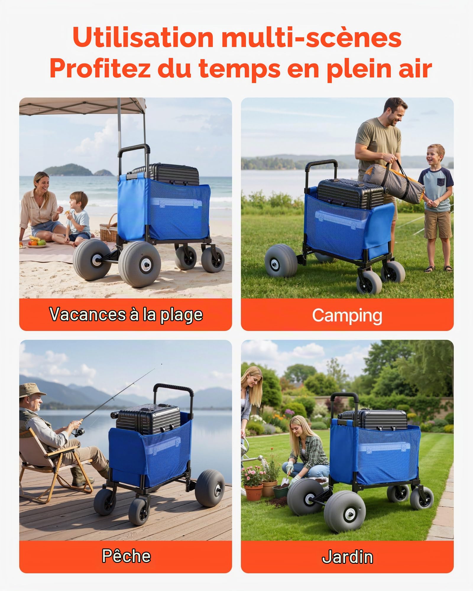 VEVOR Chariot de Plage Tout-Terrain, Chariot de Transport Pliable Charge 75 kg, Charette pour Camping Pêche Jardin Extérieur, avec Roues Ballons de 30 cm, Sac de Rangement et Hauteur Réglable