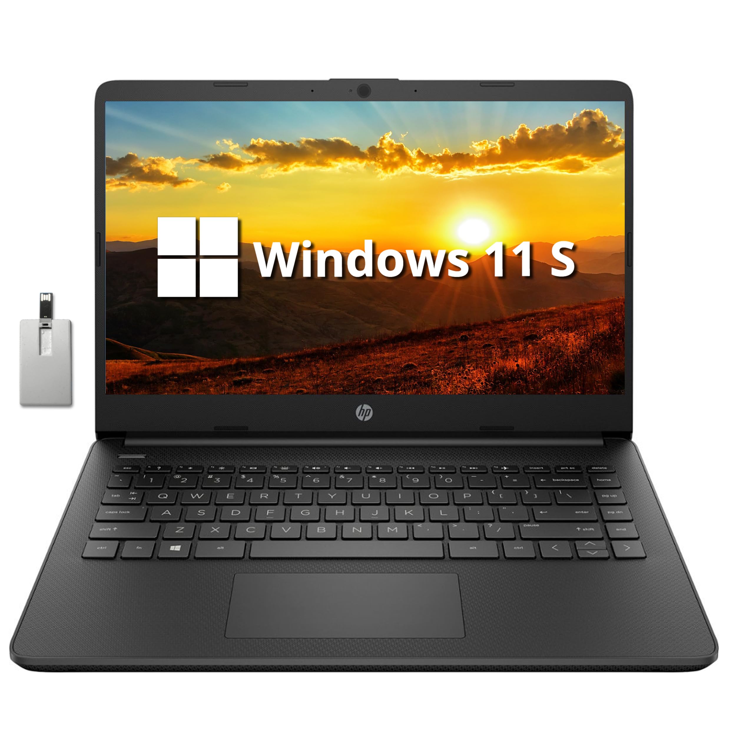 HP 2022 Stream 14" HD BrightView Laptop Intel Celeron N4120 4GB RAM 64GB SSD Intel HD Graphics 720p Webcam One Year Office 365 Black Win 11 S 32GB Snowbell USB Card