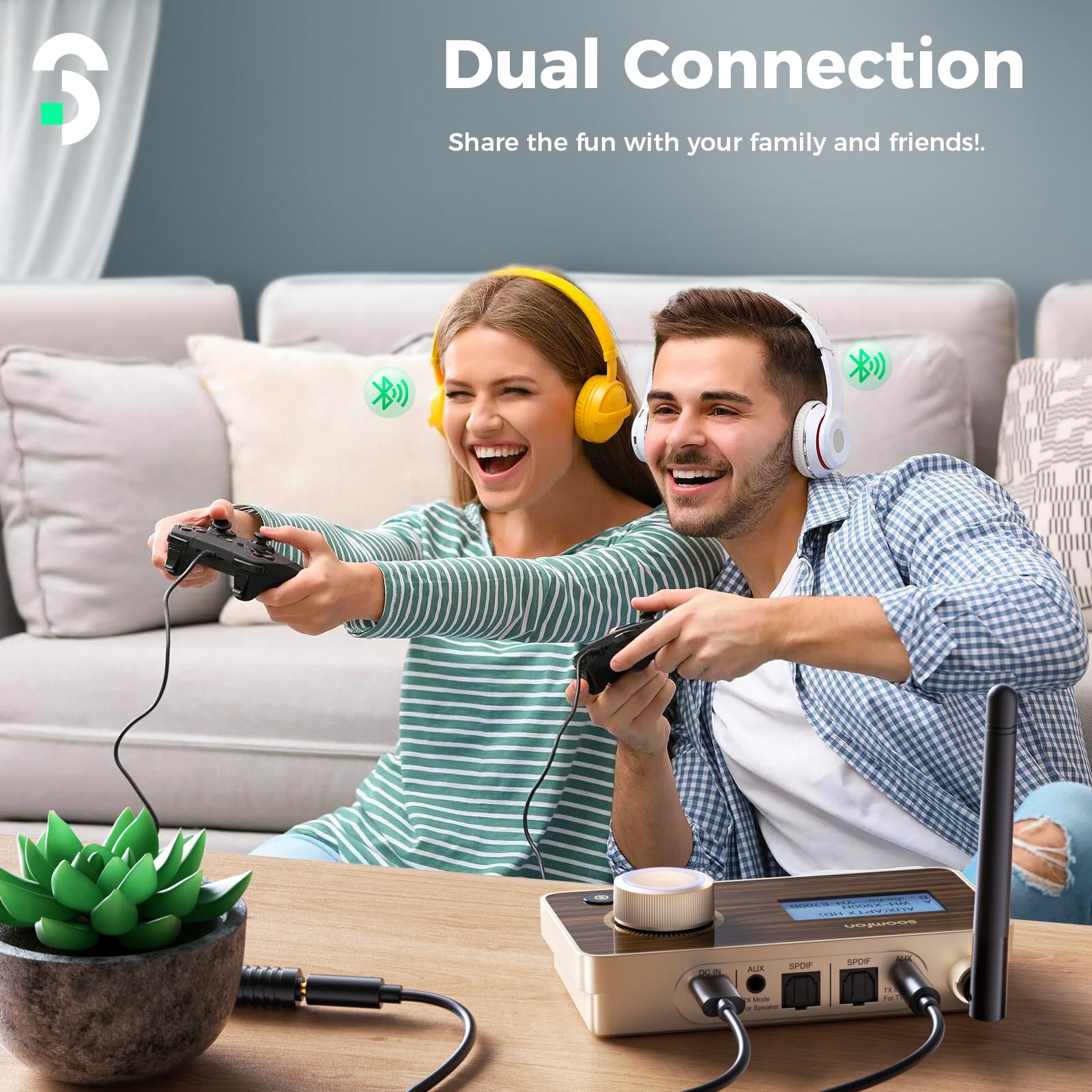 SOOMFON aptX HD & LL Trasmettitore Ricevitore Audio Bluetooth 5.2 con Display LCD, TX RX Bypass 3 Modalità, 3-in-1 Adattatore Bluetooth Hi-Fi per TV Supporta 2 Cuffie, DAC, con Cavi Aux/Ottico/RCA