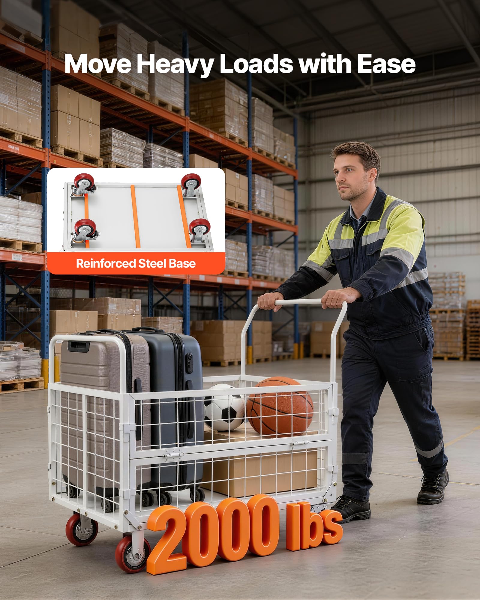 VEVOR Carrello a Piattaforma Cesto con Gabbia, Capacità Carico max. 907,18 kg, Carrello a Pianale Contenitore a Griglia per Trasporto Merci Pacchi Logistica Lavanderia, 1130 x 675 x 1070 mm