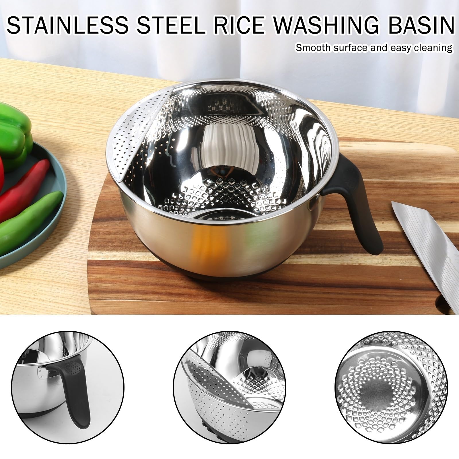 Colador De Arroz De Acero Inoxidable Cuenco colador for lavar arroz de acero inoxidable con Base silicona y mango, escurridores laterales versátiles for limpiar frutas verduras