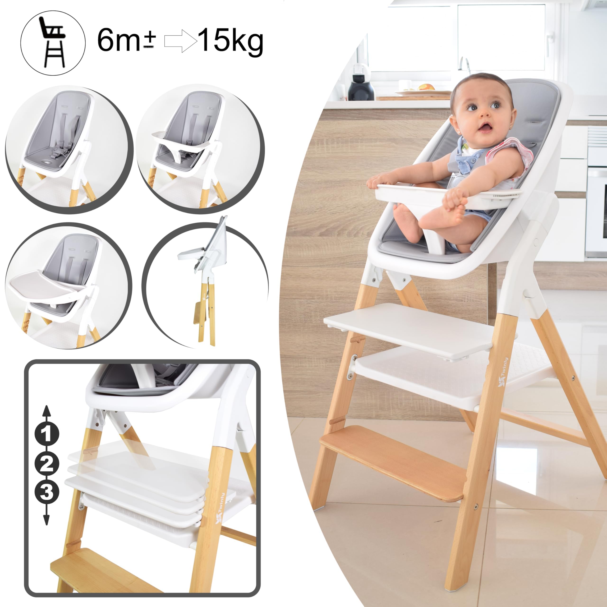 Twinly - Seggiolone Pappa Evolutivo 5 in 1 Multifunzione Funzione Dondolo, Torre di Apprendimento, Sedia - dalla Nascita 0m+ - Pieghevole e Ergonomica in Legno di Faggio- Alaia