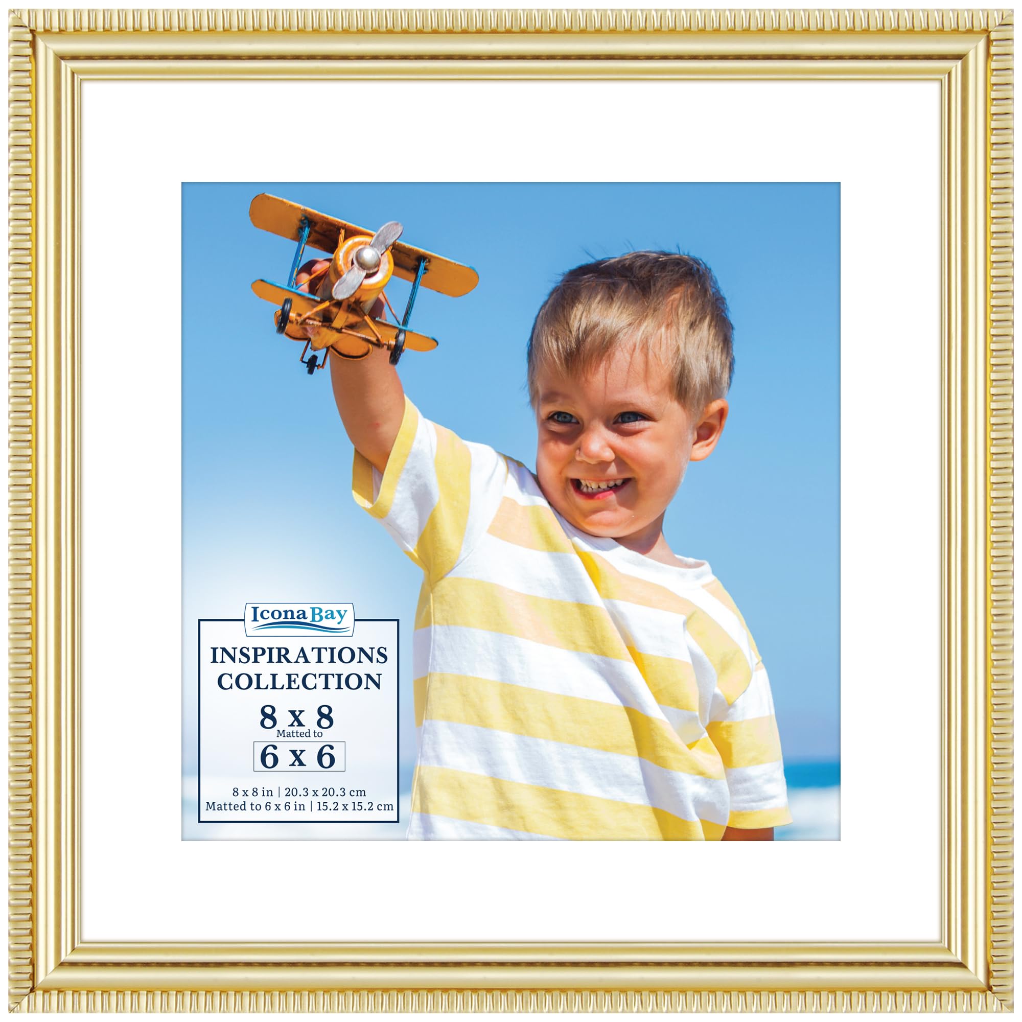 Icona Bay - 8x8 Gold Picture Frame with Removable Mat for 6x6 Photo - Beautifully Detailed Molding - Contemporary Picture Frame - Wall Mount or Table Top - Inspirations Collection