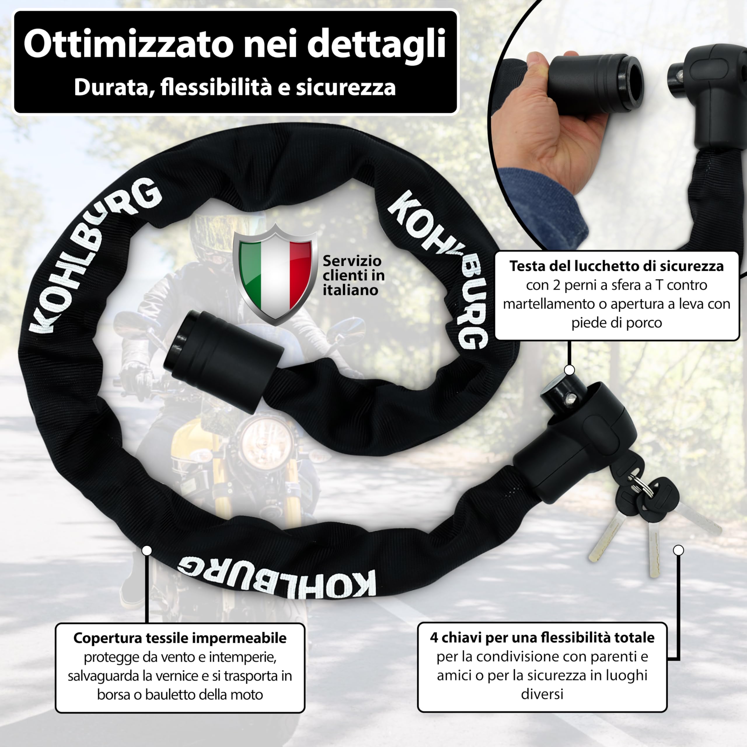 KOHLBURG Antifurto a catena ultraresistente 125 cm [Resiste ai tagliabulloni] – Livello di sicurezza massimo 15 – Per moto, scooter, bici elettrica & bicicletta – Antifurto ad alta sicurezza