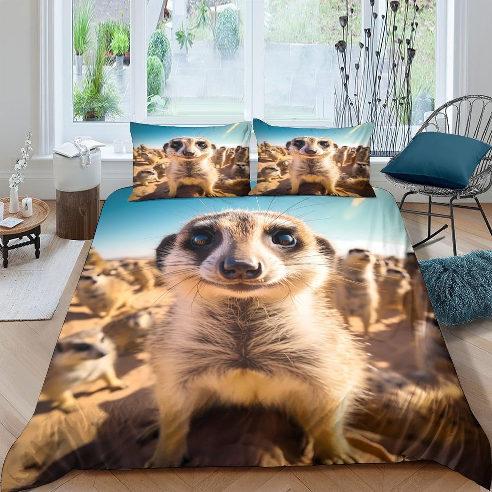 TUFRTGYHN 3D Printed Meerkat Animal Duvet Cover Microfiber Soft Breathable Wildlife Bedding Set with 2 Pillowcases for Bedroom Decor Single（135x200cm）