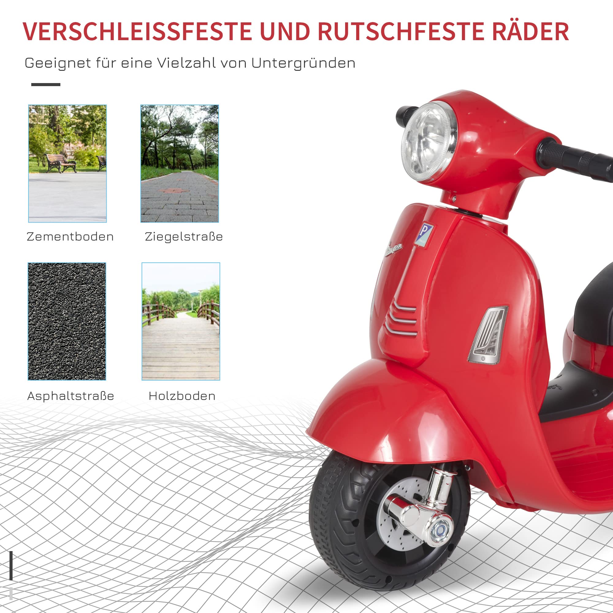 HOMCOM VESPA motocykl elektryczny motocykl dla dzieci pojazd elektryczny 18-36 miesięcy 3 km/h światła LED dźwięk tworzywo sztuczne PP metal kolor czerwony 66,5 x 38 x 52 cm