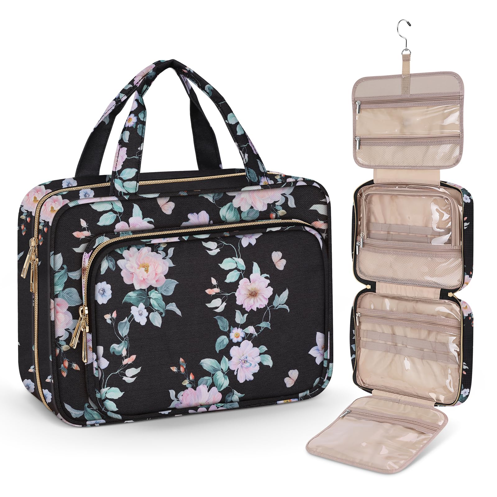 Toiletry Bag for Women, Large Cosmetic Travel Bag, Hanging Toiletry Bag for Bathroom, PVC Waterproof Makeup Bag, Toiletries Bag for Travel Business Trips and Camping, Black+Pink Floral Large Minimalist Black+Pink