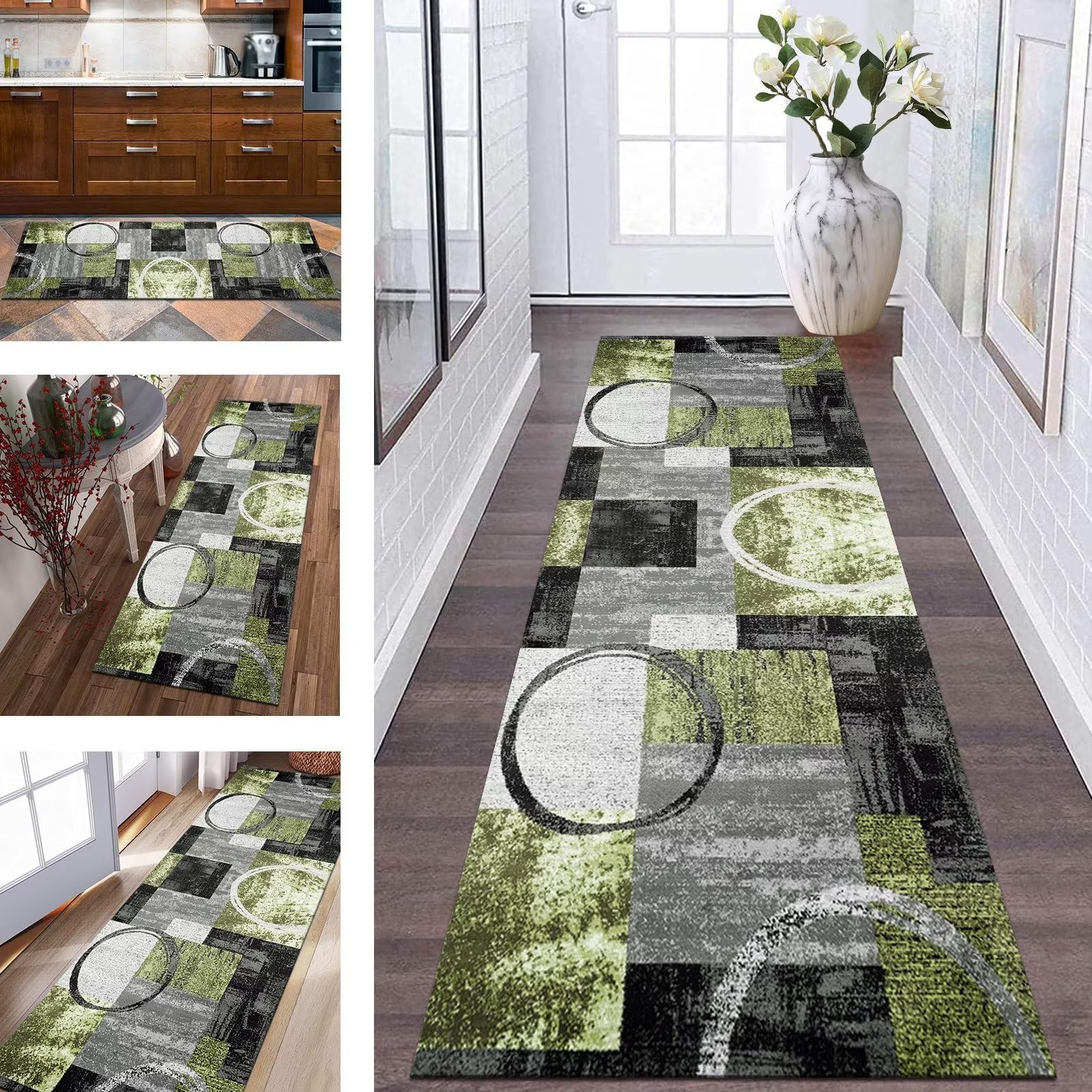 Küchenteppich-Läufer, Teppich, Flur, rutschfeste Teppichmatten, Küchenläufer, 60 x 80 cm, Grau, Schwarz, Grün, Flur-Teppichläufer, waschbar, Meterware, Flur-Teppich, Küche, Wohnzimmer, Schla