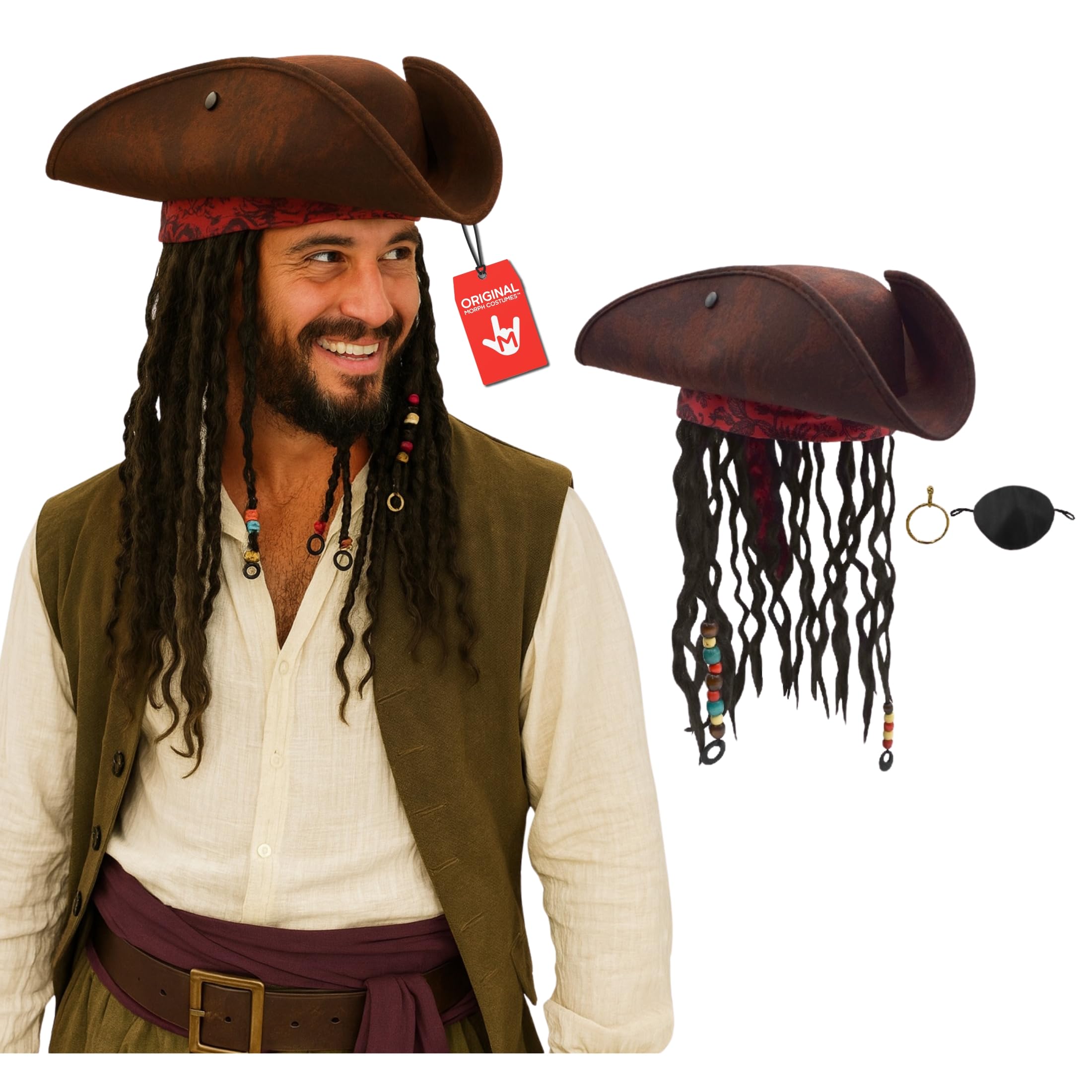 Pirate Hat Men, Tricorn Hat With Dreadlock Wig, Pirate’s Wig, Adult Pirate’s Accessories Men, Pirate Costume Accessories With Eyepatch and Gold Earrings